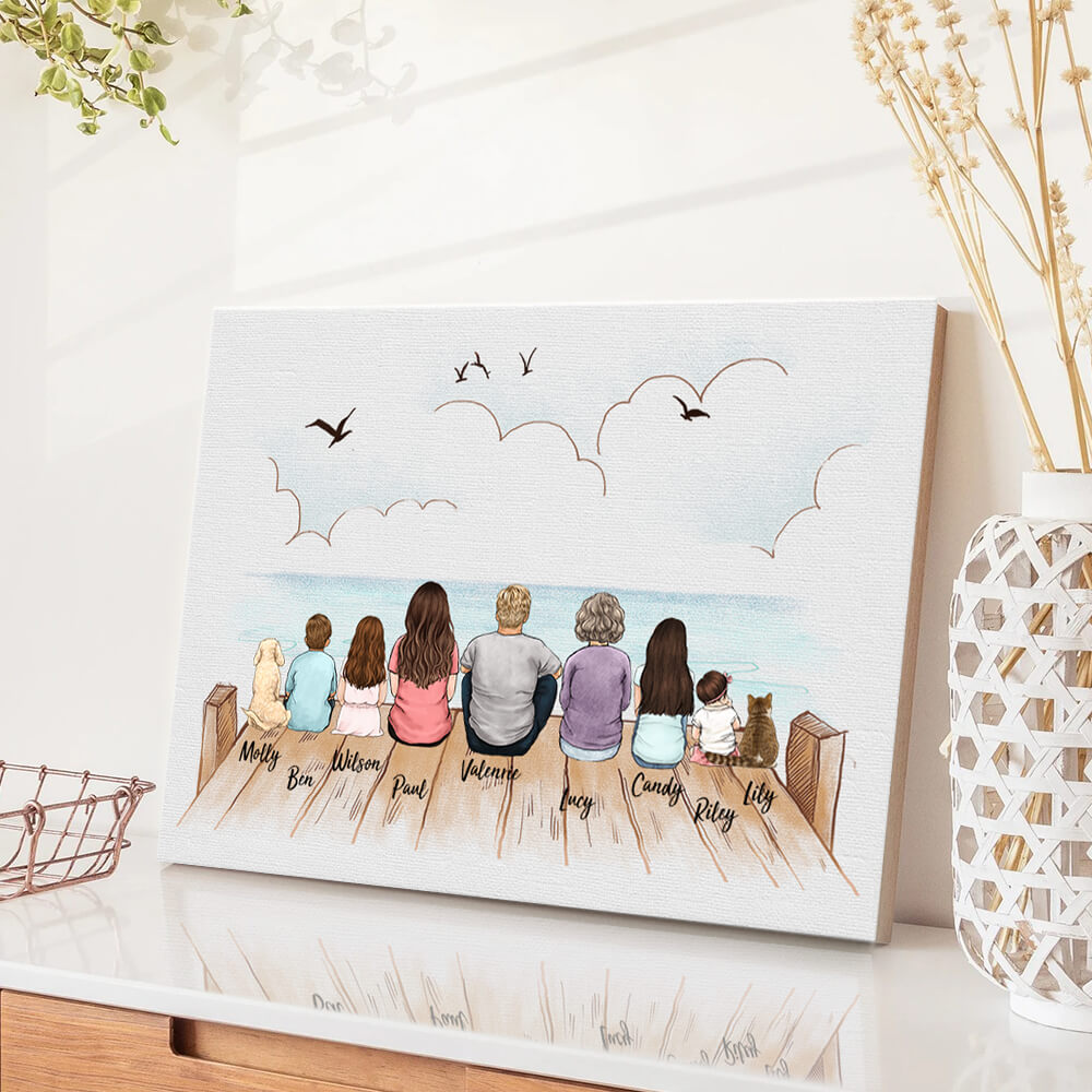 Personalized Family Picture - Family Dog Cat Canvas Print - UP TO 9 PEOPLE &amp; PETS - Wooden dock