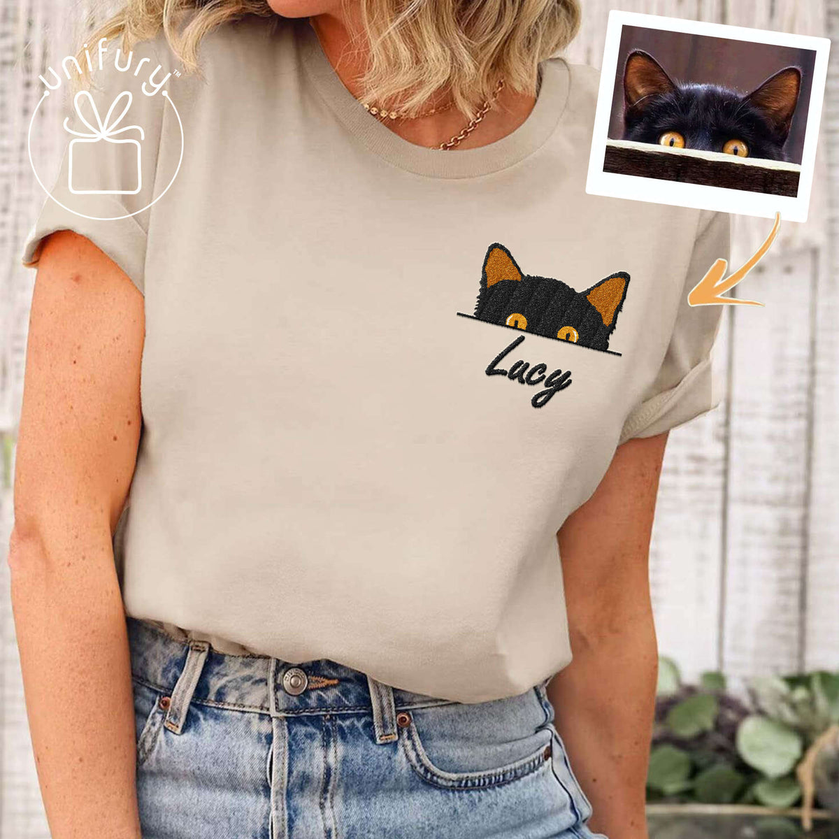 Cat Peeking Hiding Custom Name Embroidered T-shirt