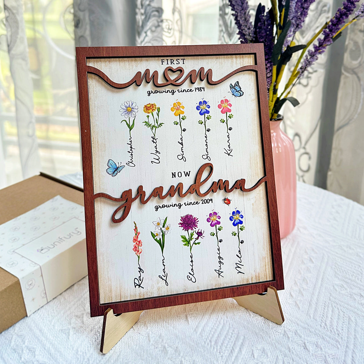 First Mom Now Grandma - Birth Flower Wooden Sign - Personalized Wooden Frame Gifts For Grandma, Dog Cat Lovers