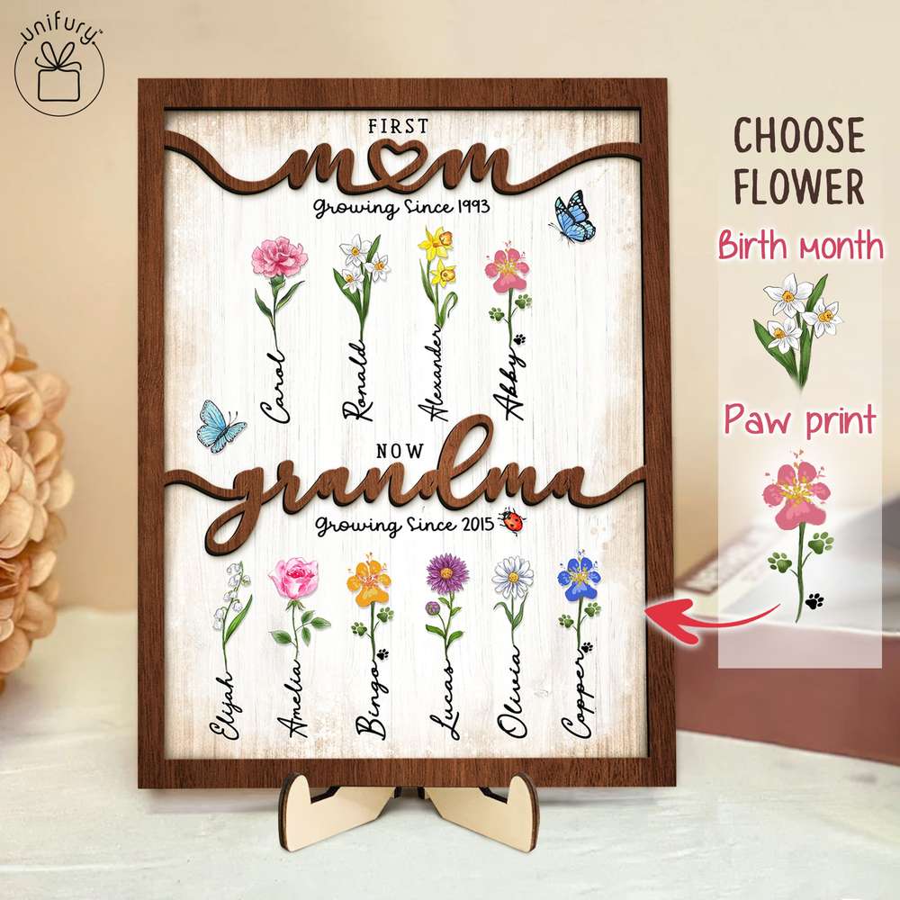 First Mom Now Grandma - Birth Flower Wooden Sign - Personalized Wooden Frame Gifts For Grandma, Dog Cat Lovers