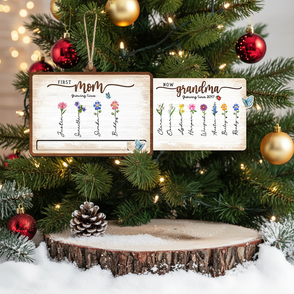 Custom Birthmonth Flower Grandma Wooden Slider Ornament - Gift For Grandma