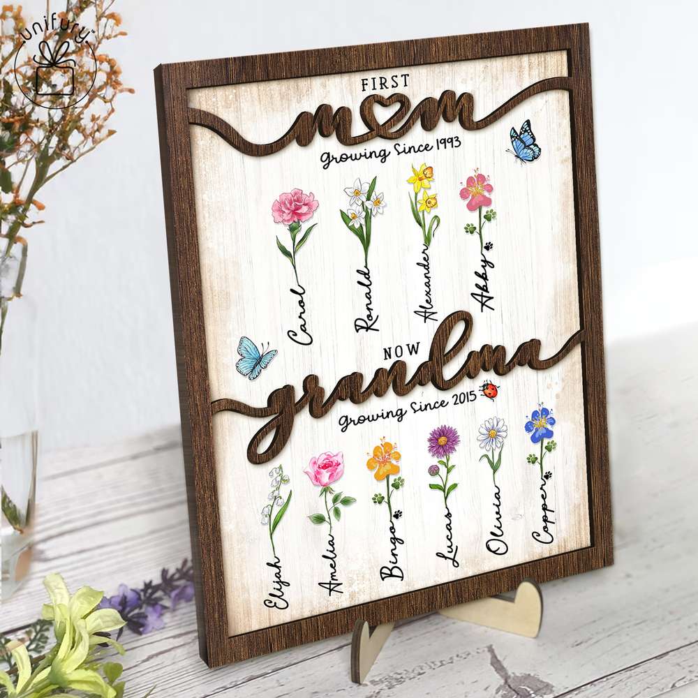 First Mom Now Grandma - Birth Flower Wooden Sign - Personalized Wooden Frame Gifts For Grandma, Dog Cat Lovers