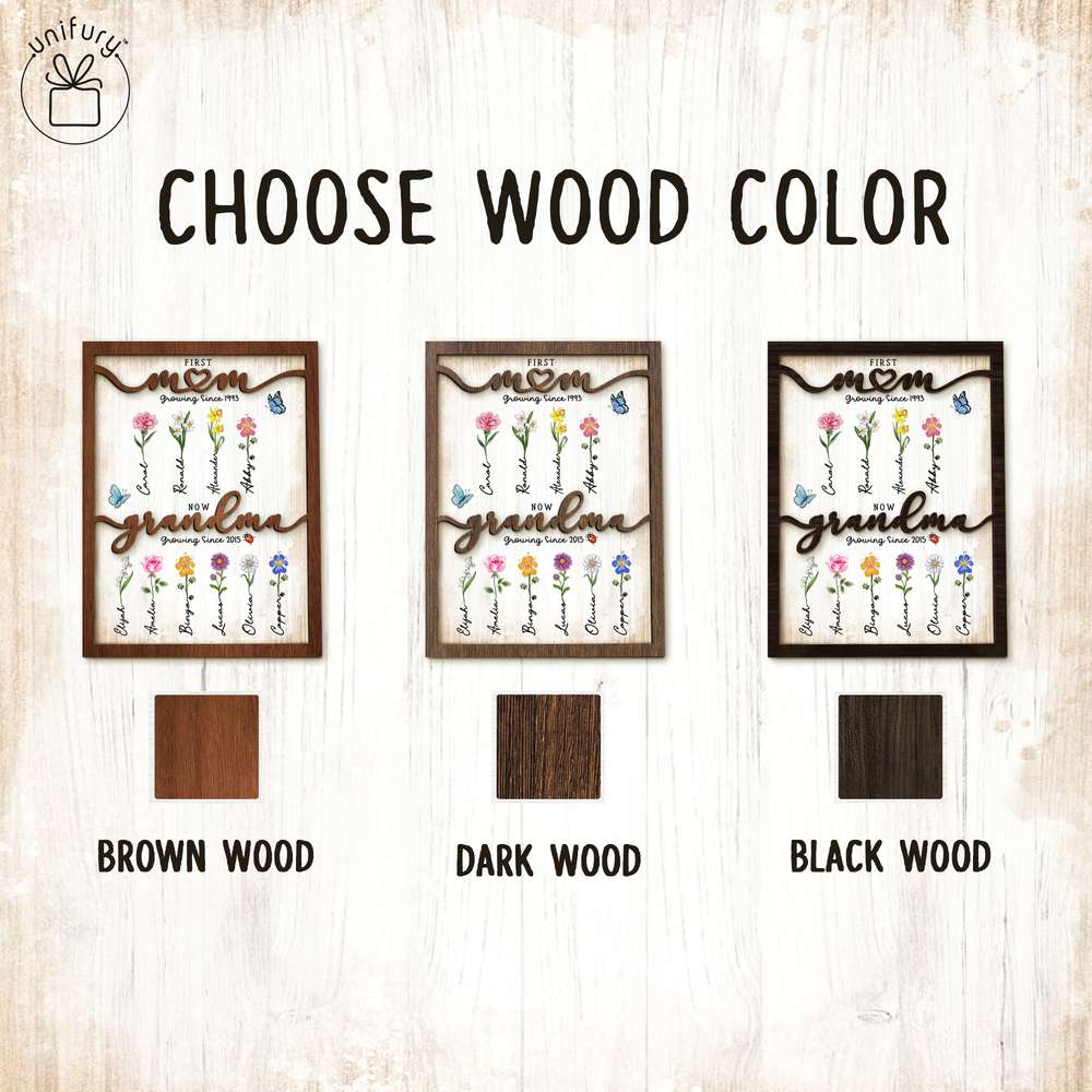 First Mom Now Grandma - Birth Flower Wooden Sign - Personalized Wooden Frame Gifts For Grandma, Dog Cat Lovers