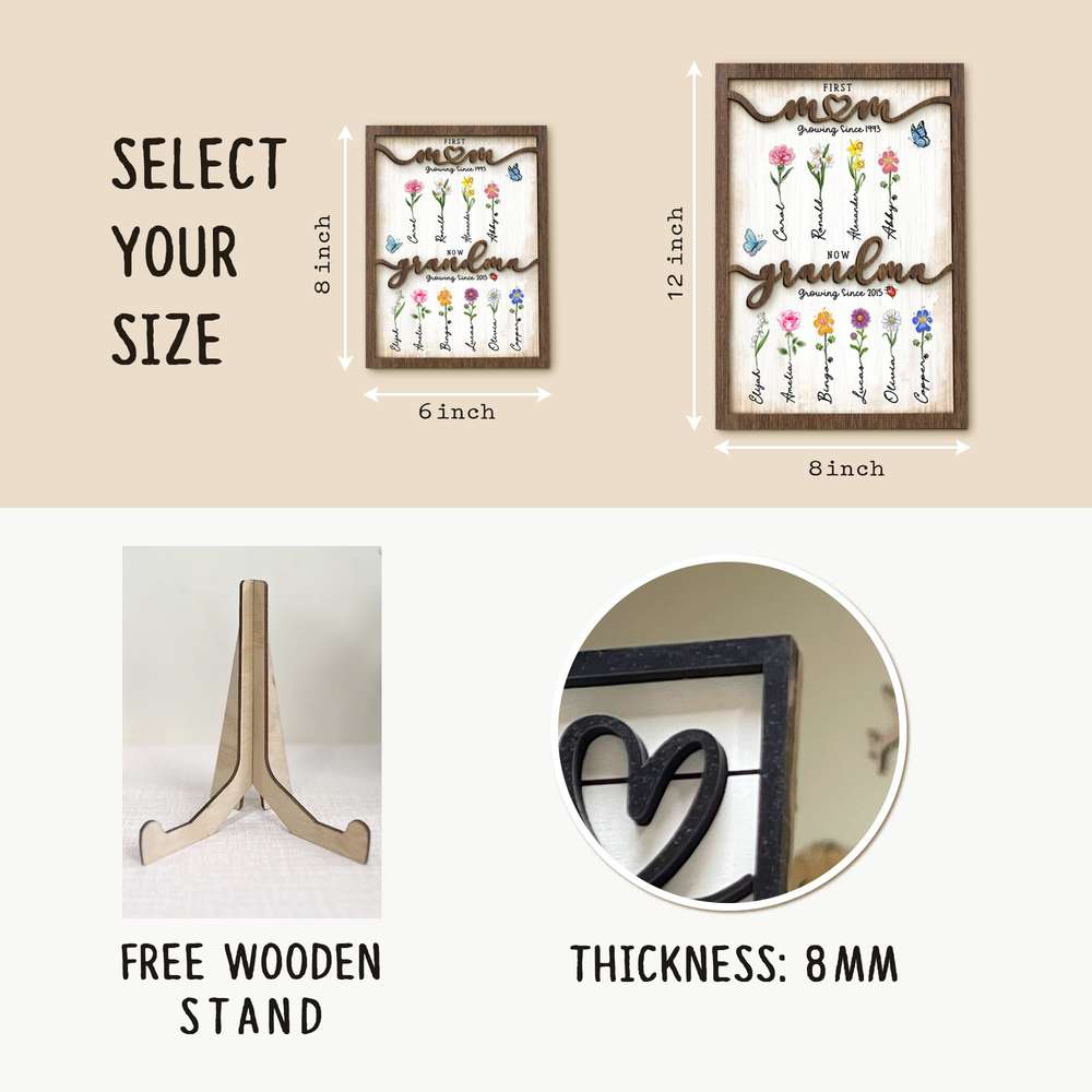 First Mom Now Grandma - Birth Flower Wooden Sign - Personalized Wooden Frame Gifts For Grandma, Dog Cat Lovers