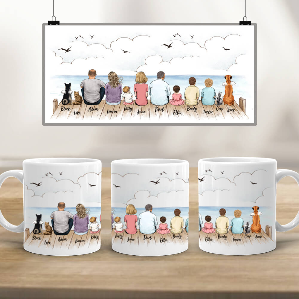 Personalized Edge to Edge coffee mug gifts with the whole family &amp; dog &amp; cat - UP TO 12 PEOPLE &amp; PETS - Wooden Dock