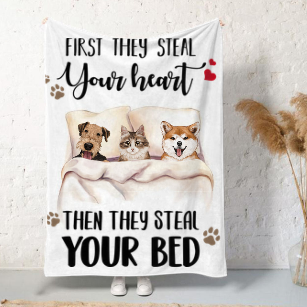 Personalized fleece blanket gift for dog cat lovers - First they steal your heart, then they steal your bed