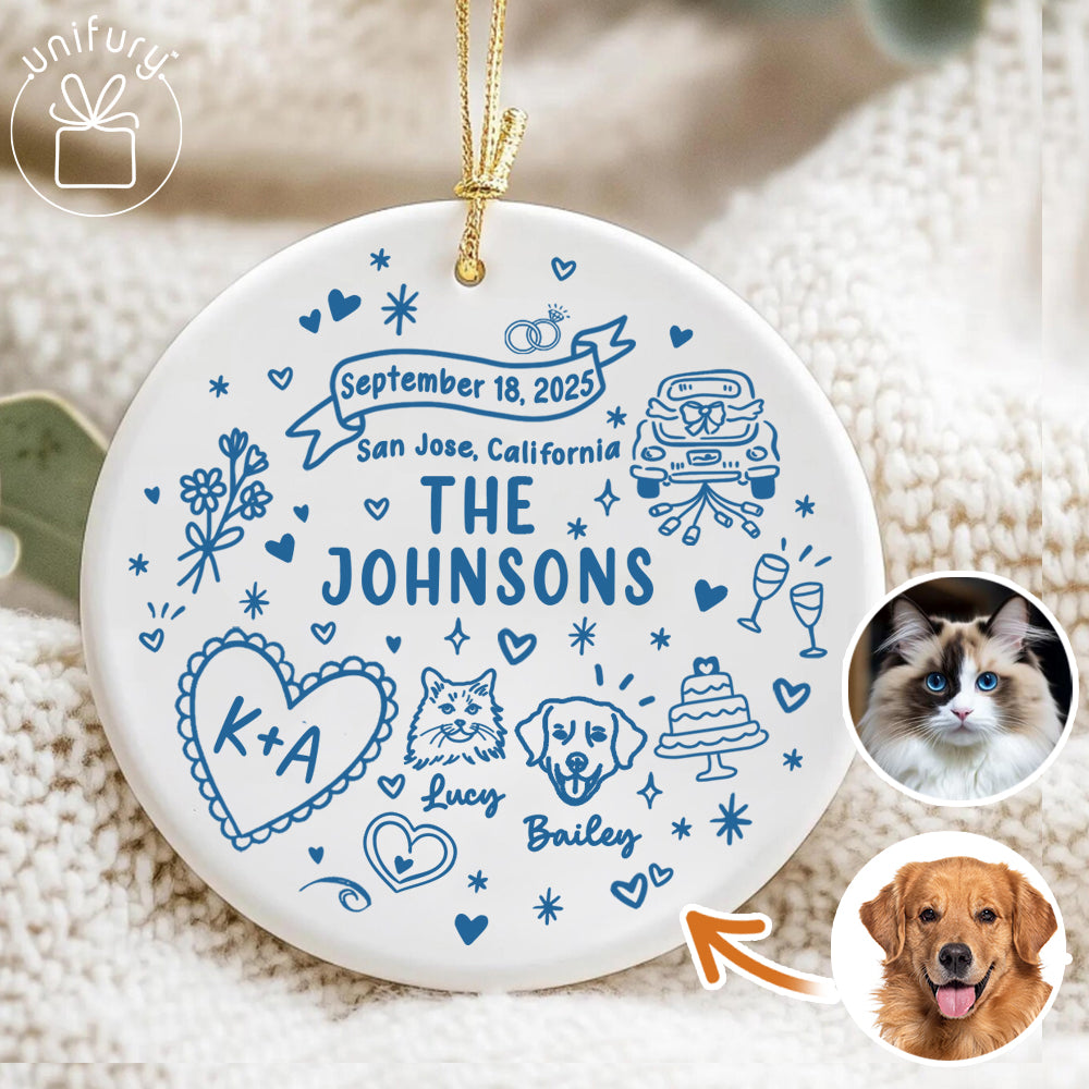 Custom Married Ornament Circle Ceramic Ornament - Married Gifts - Wedding Gifts For Dog Cat Lovers