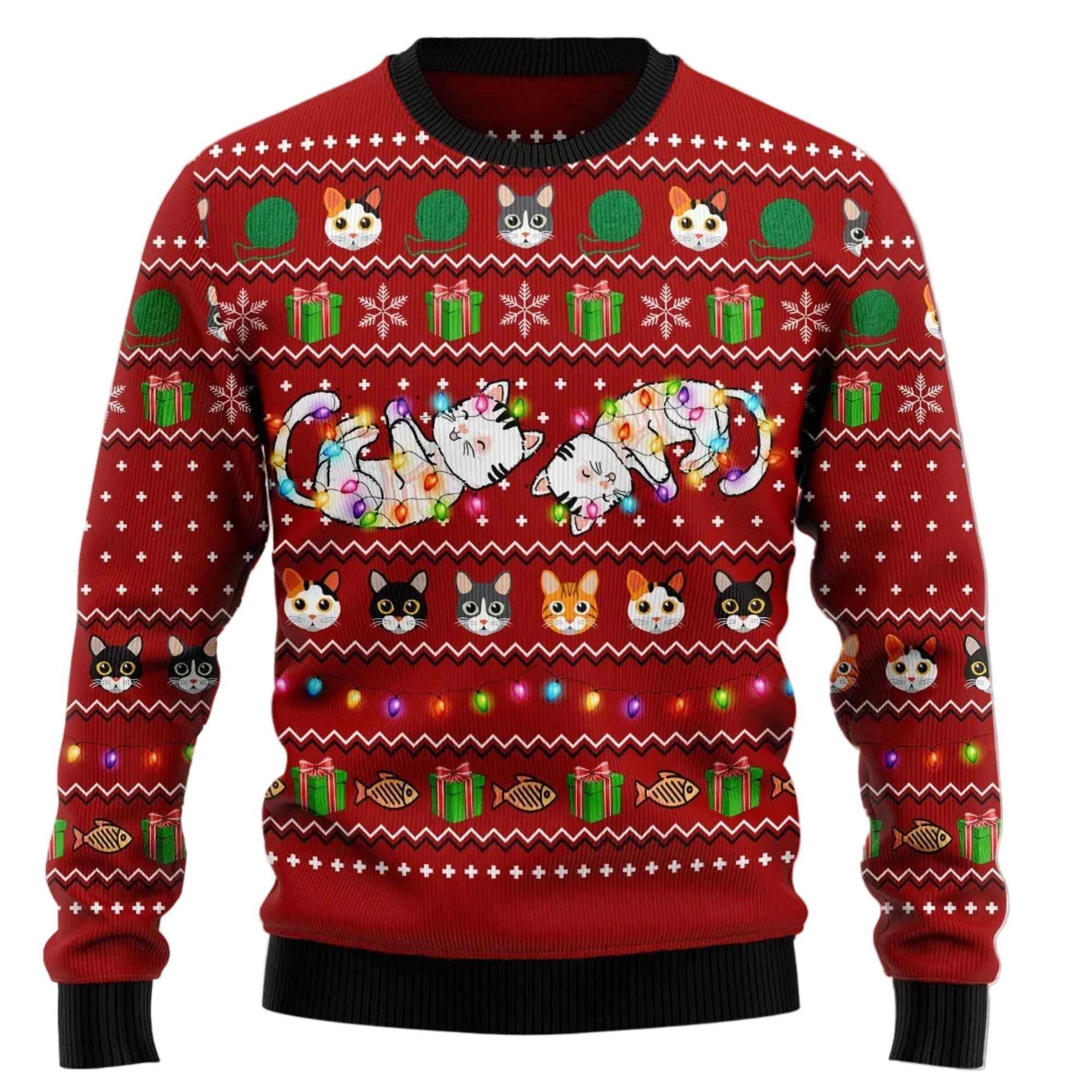 Christmas Cat Lights Ugly Christmas Sweater, Cute Cat Holiday Pullover, Holiday Gatherings and Family Photos