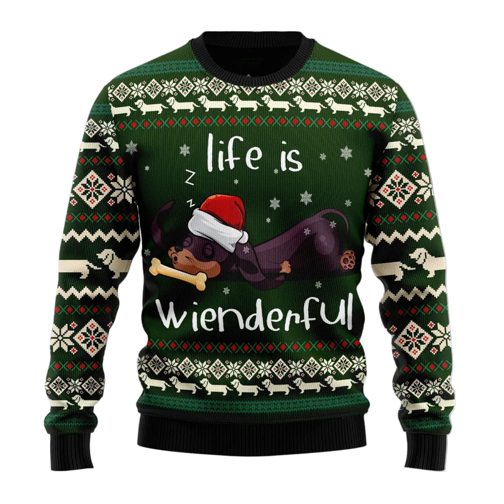 Dachshund Wienderful Ugly Christmas Sweater, Funny Wiener Dog Holiday Jumper for Dachshund Moms and Dog Lovers