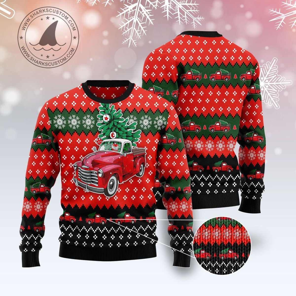 Red Truck Christmas Ugly Christmas Sweater, Vintage Red Pickup Truck Holiday Print, Holiday Sweater for Adults