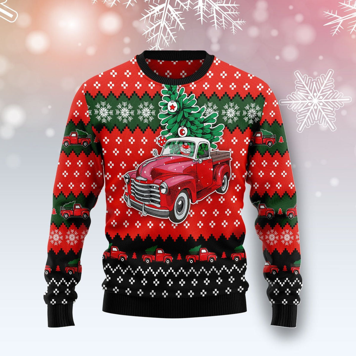 Red Truck Christmas Ugly Christmas Sweater, Vintage Red Pickup Truck Holiday Print, Holiday Sweater for Adults