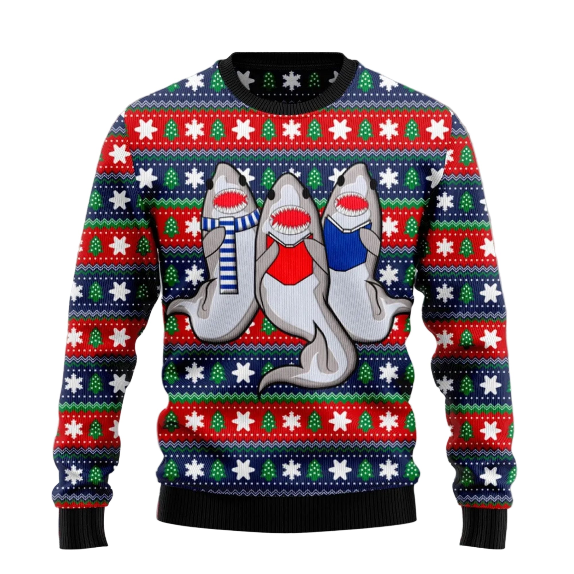 Caroling Sharks Ugly Christmas Sweater, Funny Shark Holiday Pullover for Ocean Lovers and Christmas Parties