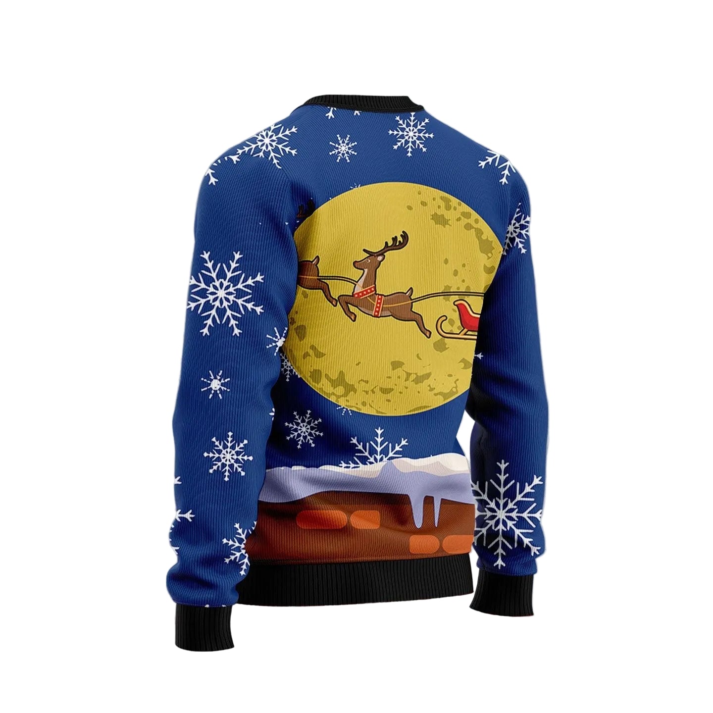 A Christmas-themed long-sleeve crewneck sweater shown from the back, featuring a blue background with white snowflakes, a large yellow moon, a reindeer, and a snowy landscape print. The sweater is displayed on a gray textured background with a circular watermark logo in the top left corner.