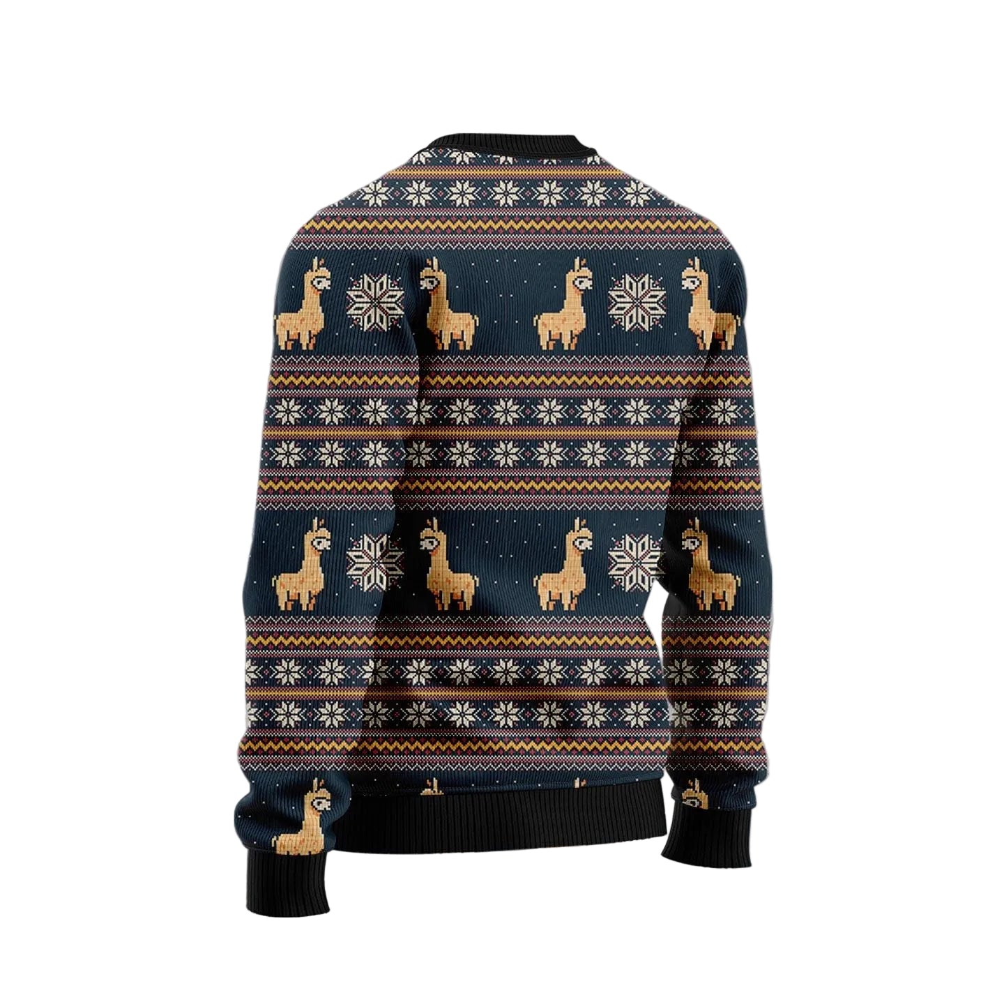 A Christmas-themed crewneck sweater featuring a navy blue background with tan llama illustrations, white snowflakes, and orange and white festive stripes. The image is shown from the back on a textured gray background with a circular watermark in the top left corner.