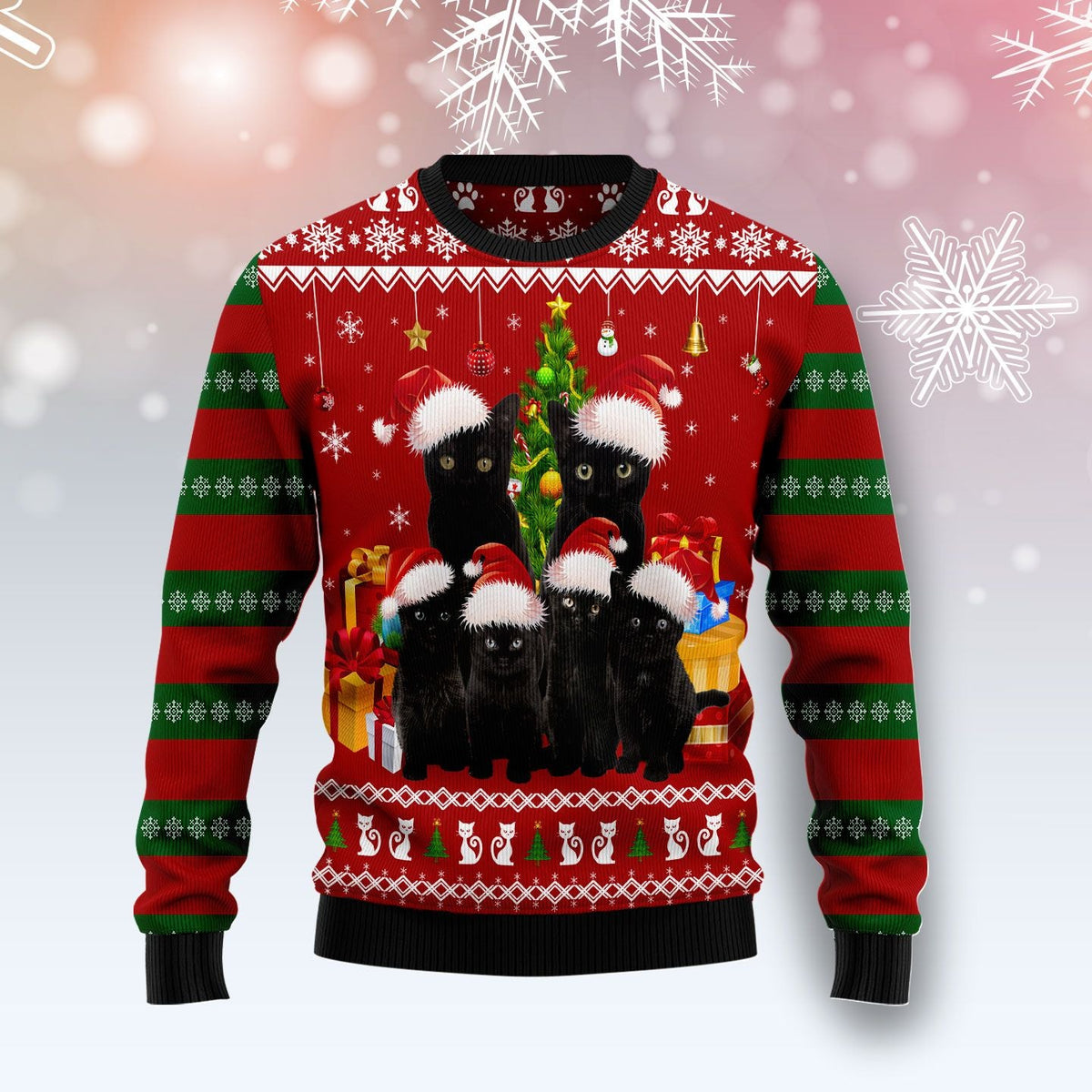 Black Cat Family Christmas Ugly Christmas Sweater, Holiday Party Pullover for Men and Women, Gift for Black Cat Lovers