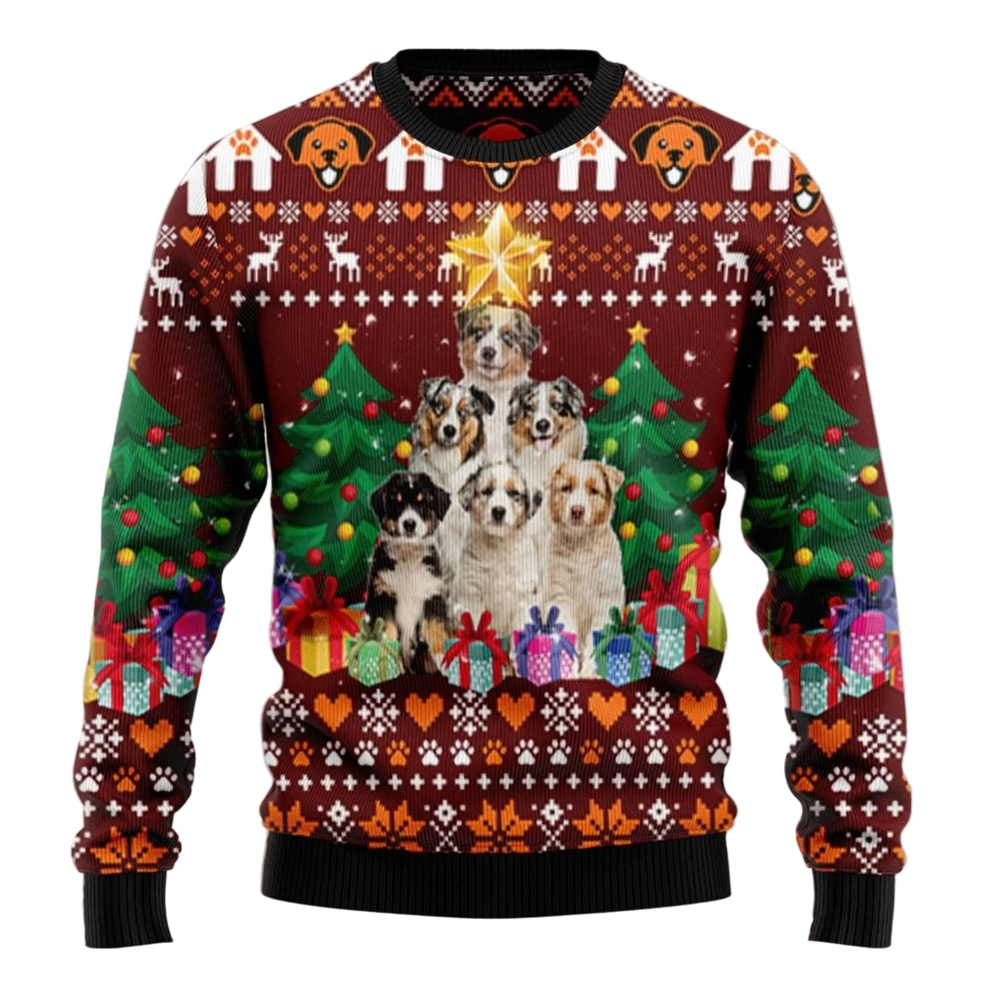Australian Shepherd Pine Tree Ugly Christmas Sweater, Unisex Holiday Party Outfit, Gift for Australian Shepherd Lovers