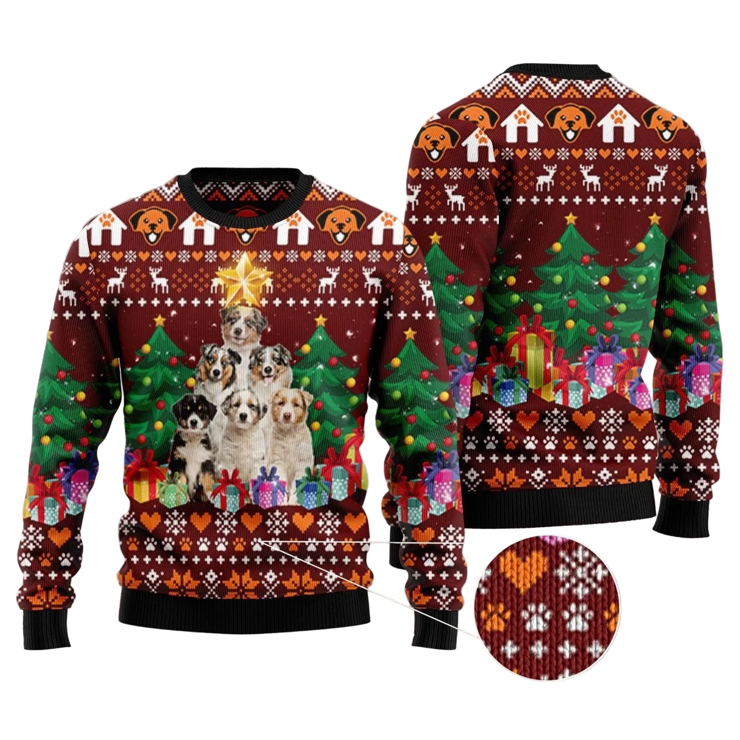 Australian Shepherd Pine Tree Ugly Christmas Sweater, Unisex Holiday Party Outfit, Gift for Australian Shepherd Lovers