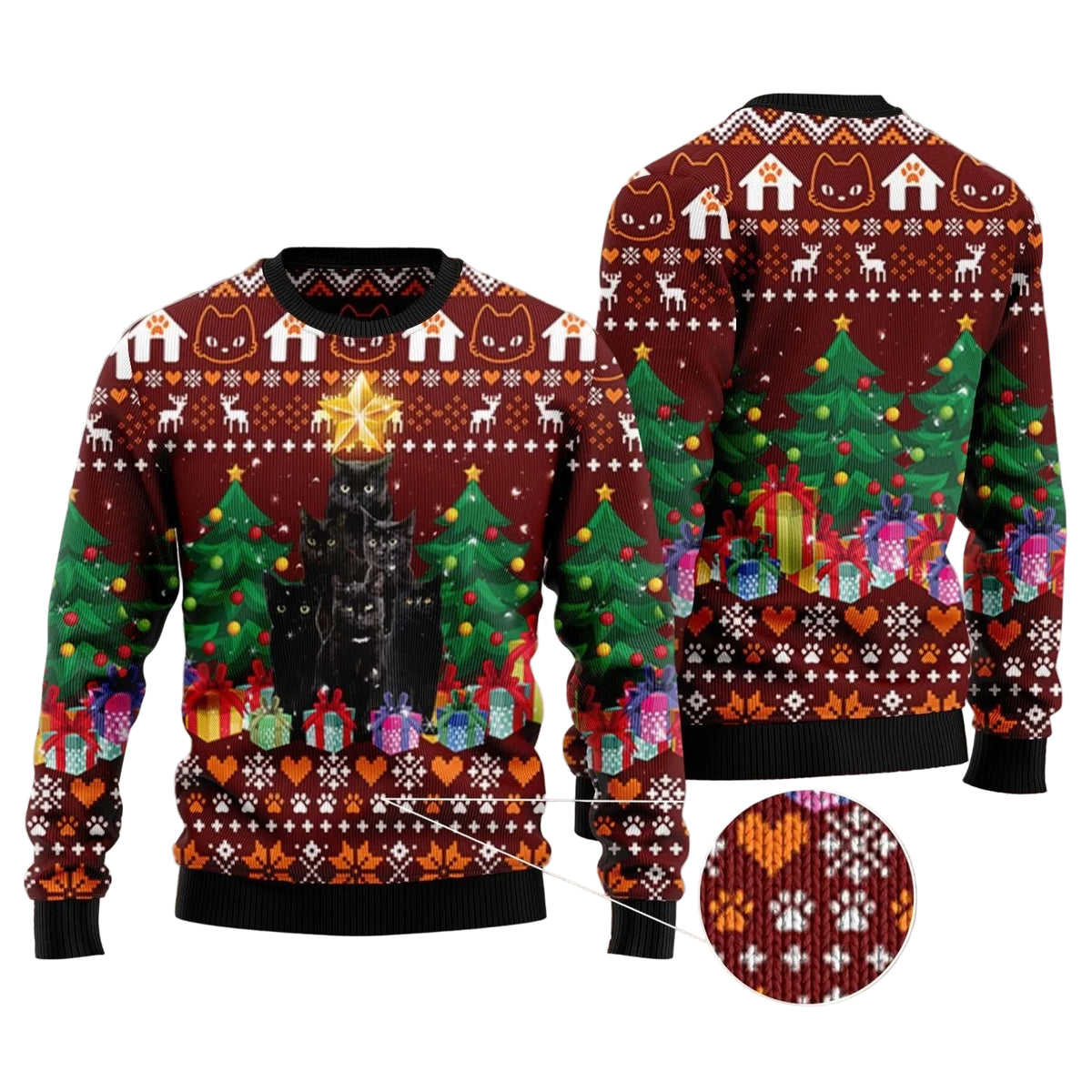 Black Cat Pine Tree Ugly Christmas Sweater, Black Cat and Christmas Pine Tree Print, Holiday Sweater for Adults