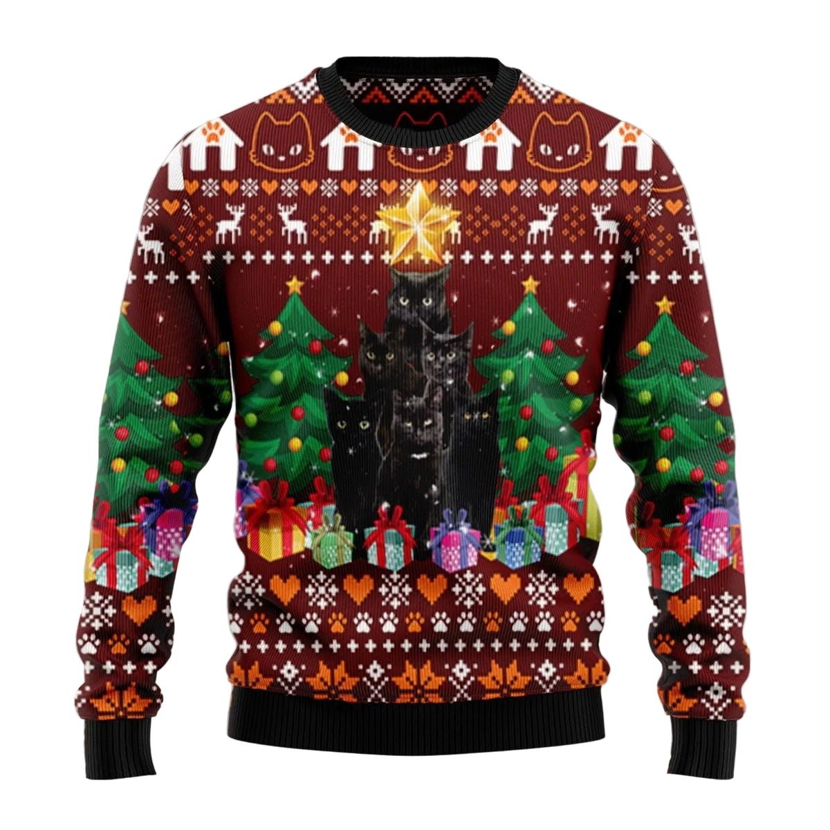 Black Cat Pine Tree Ugly Christmas Sweater, Black Cat and Christmas Pine Tree Print, Holiday Sweater for Adults