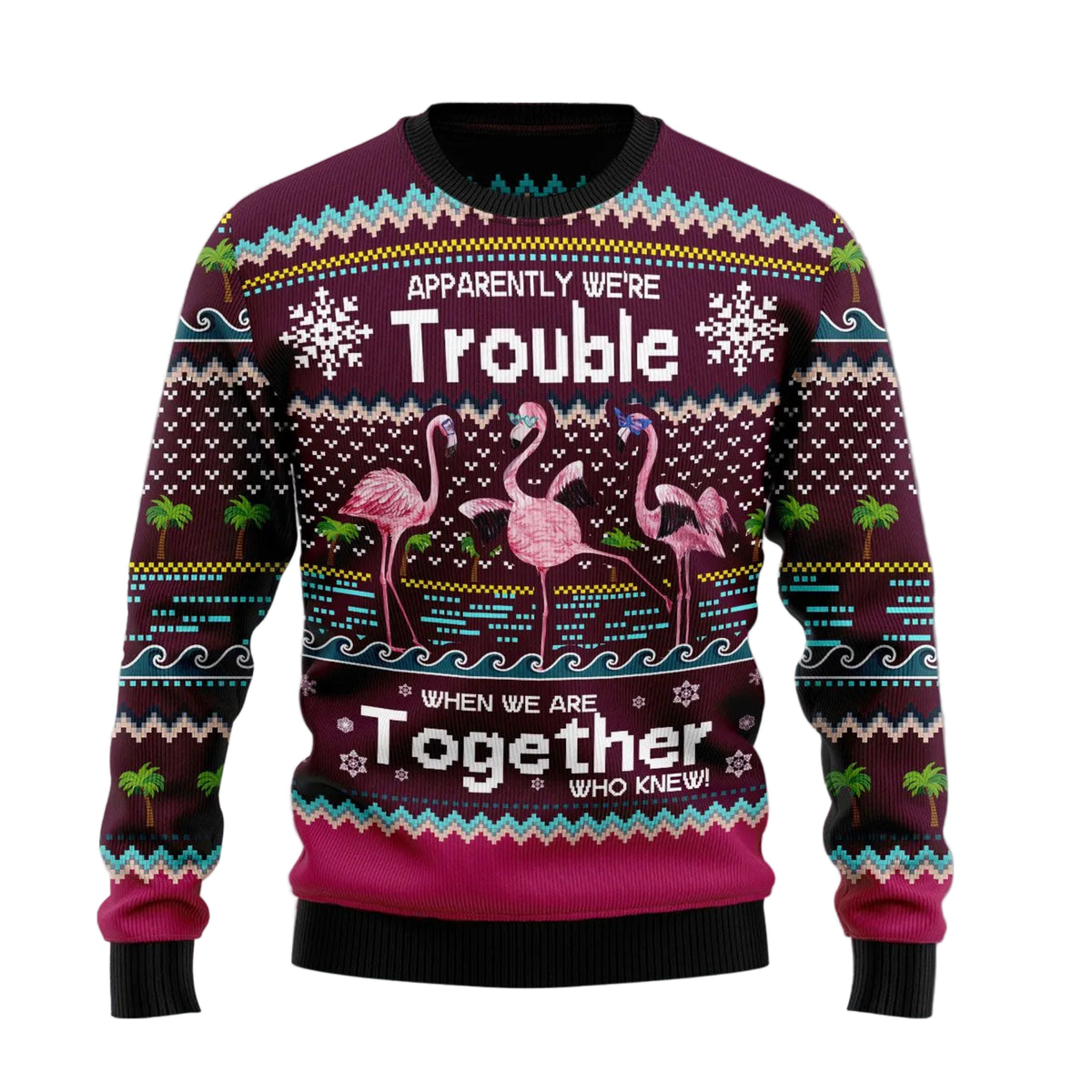 Flamingo Trouble Ugly Christmas Sweater, Tropical Pink Flamingo Holiday Pullover for Flamingo Lovers and Beach Fans