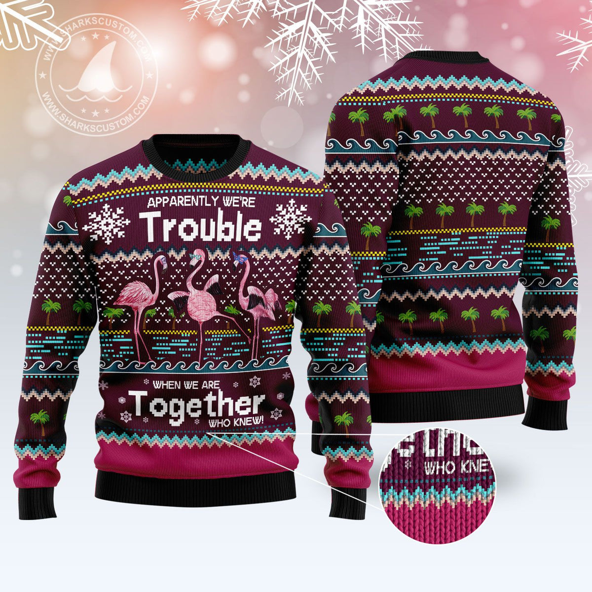 Flamingo Trouble Ugly Christmas Sweater, Tropical Pink Flamingo Holiday Pullover for Flamingo Lovers and Beach Fans