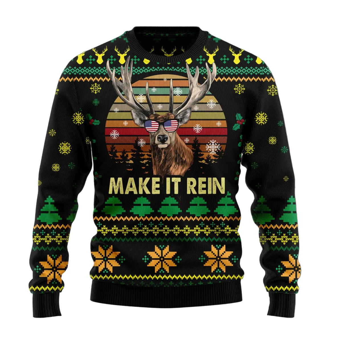 Make It Rein Ugly Christmas Sweater, Funny Reindeer Pun Print for Men and Women, Festive Holiday Party Outfit