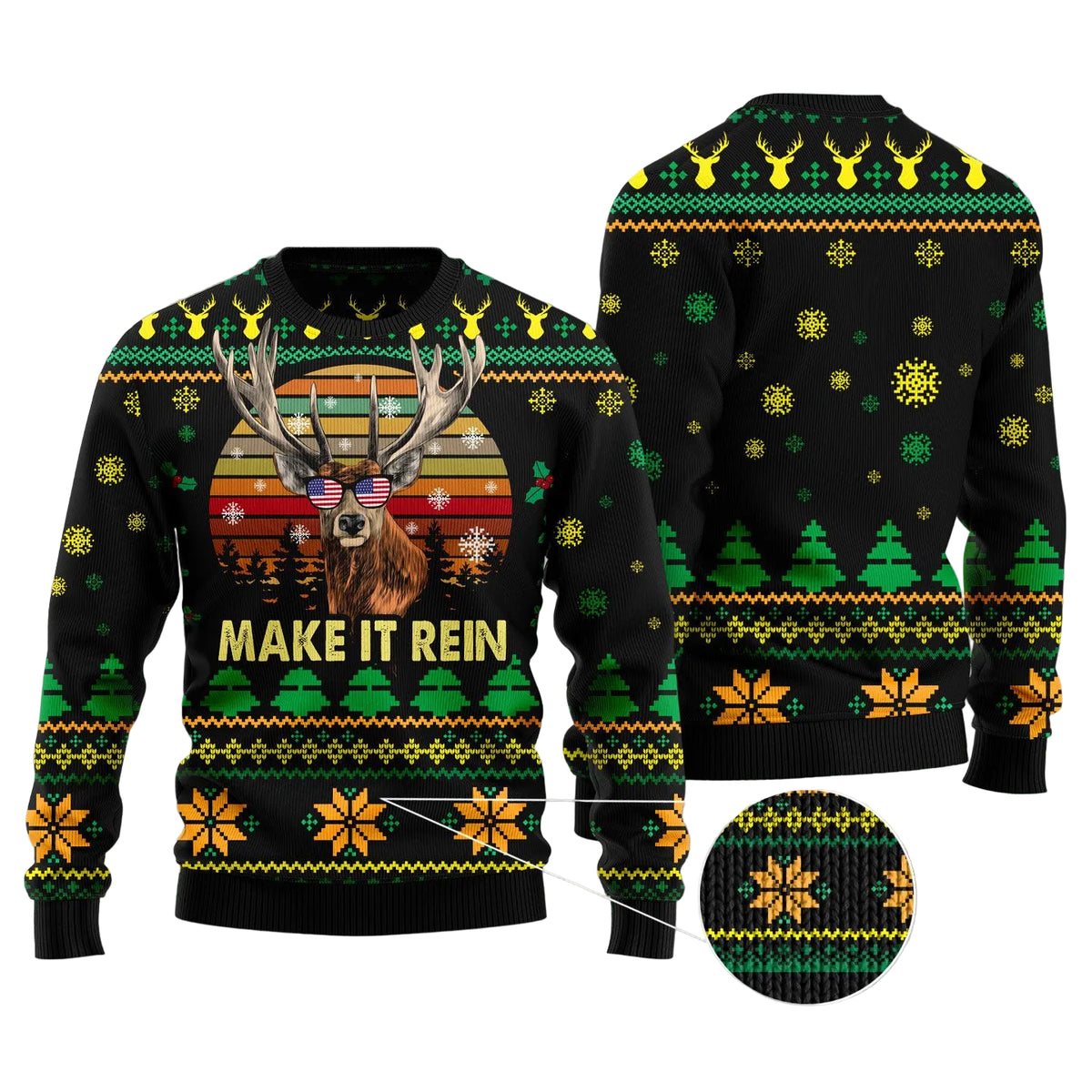 Make It Rein Ugly Christmas Sweater, Funny Reindeer Pun Print for Men and Women, Festive Holiday Party Outfit