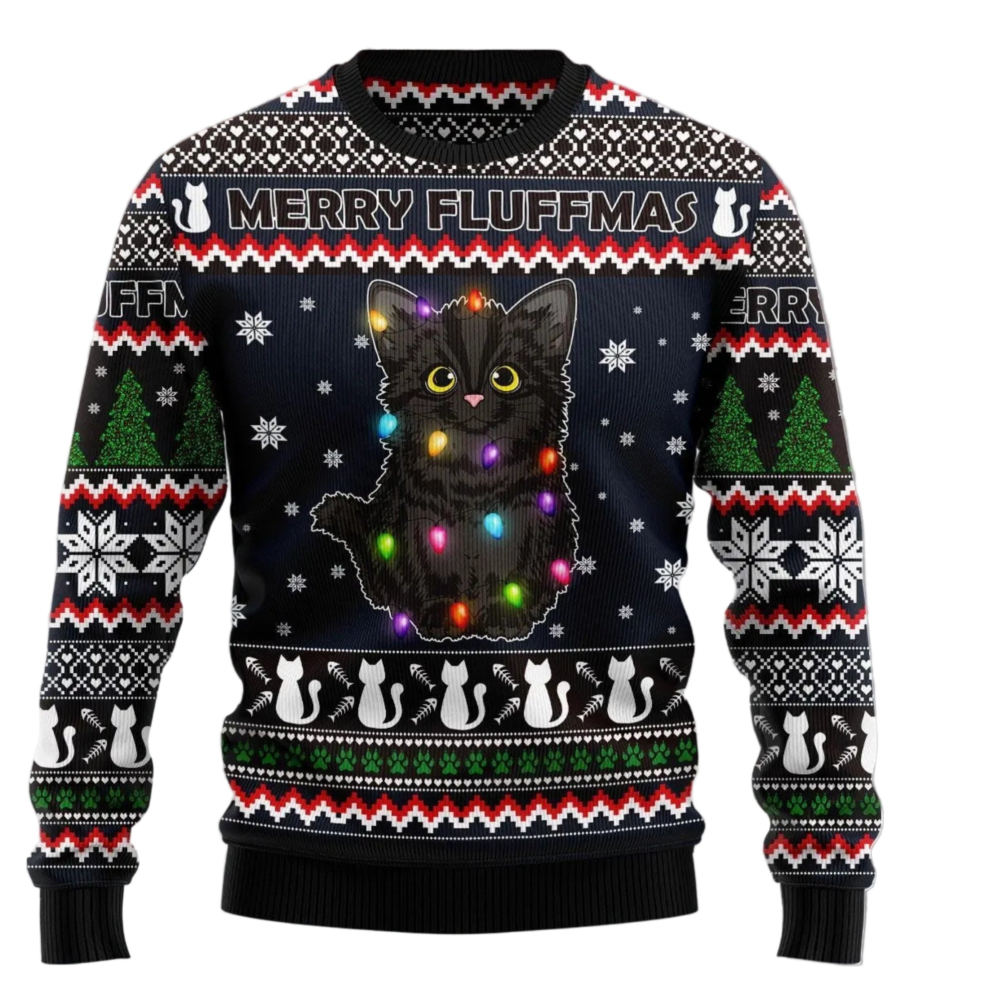 Black Cat Fluffmas Ugly Christmas Sweater for Men and Women, Funny Holiday Party Gift for Cat Moms And Cat Lovers
