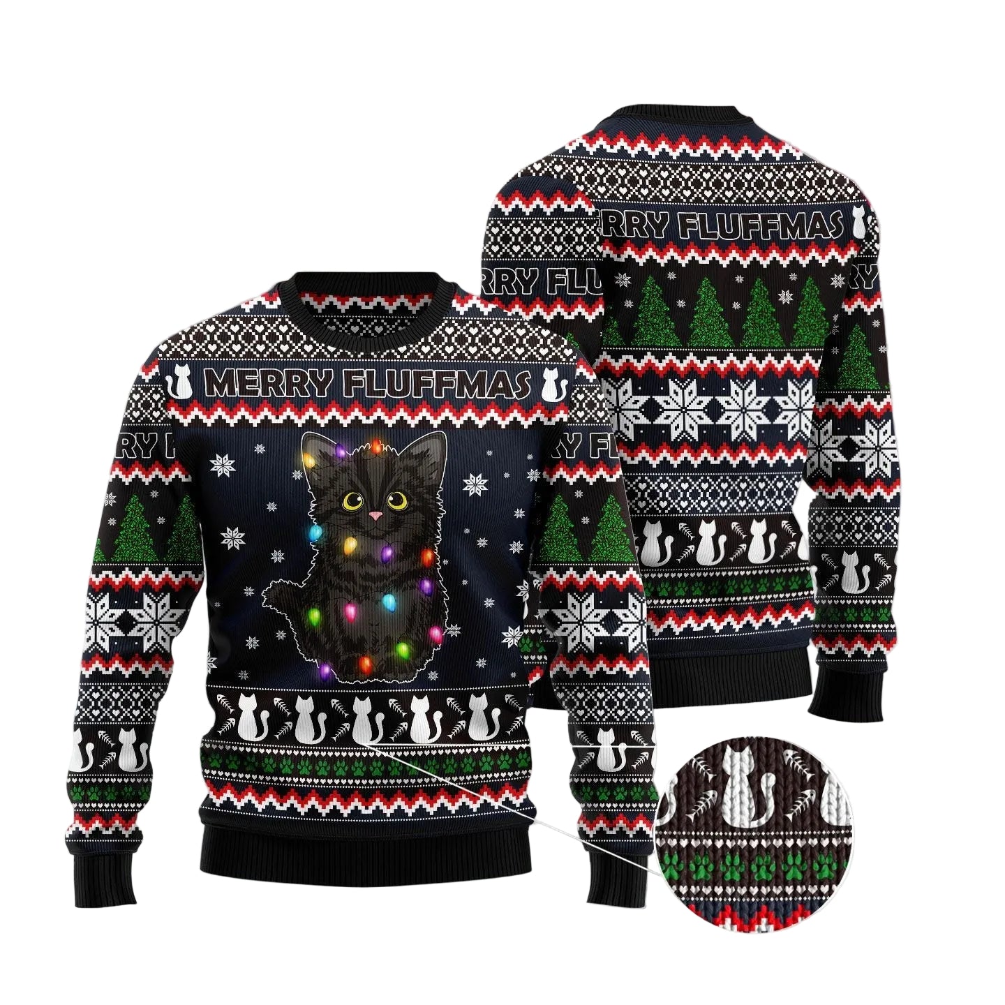 A festive Christmas sweater shown from the front and back on a soft pink gradient background with white snowflakes. The sweater has a dark navy base with red, white, and green holiday patterns, including snowflakes, Christmas trees, and cat silhouettes, plus a large black cat with multicolored Christmas lights on the front.
