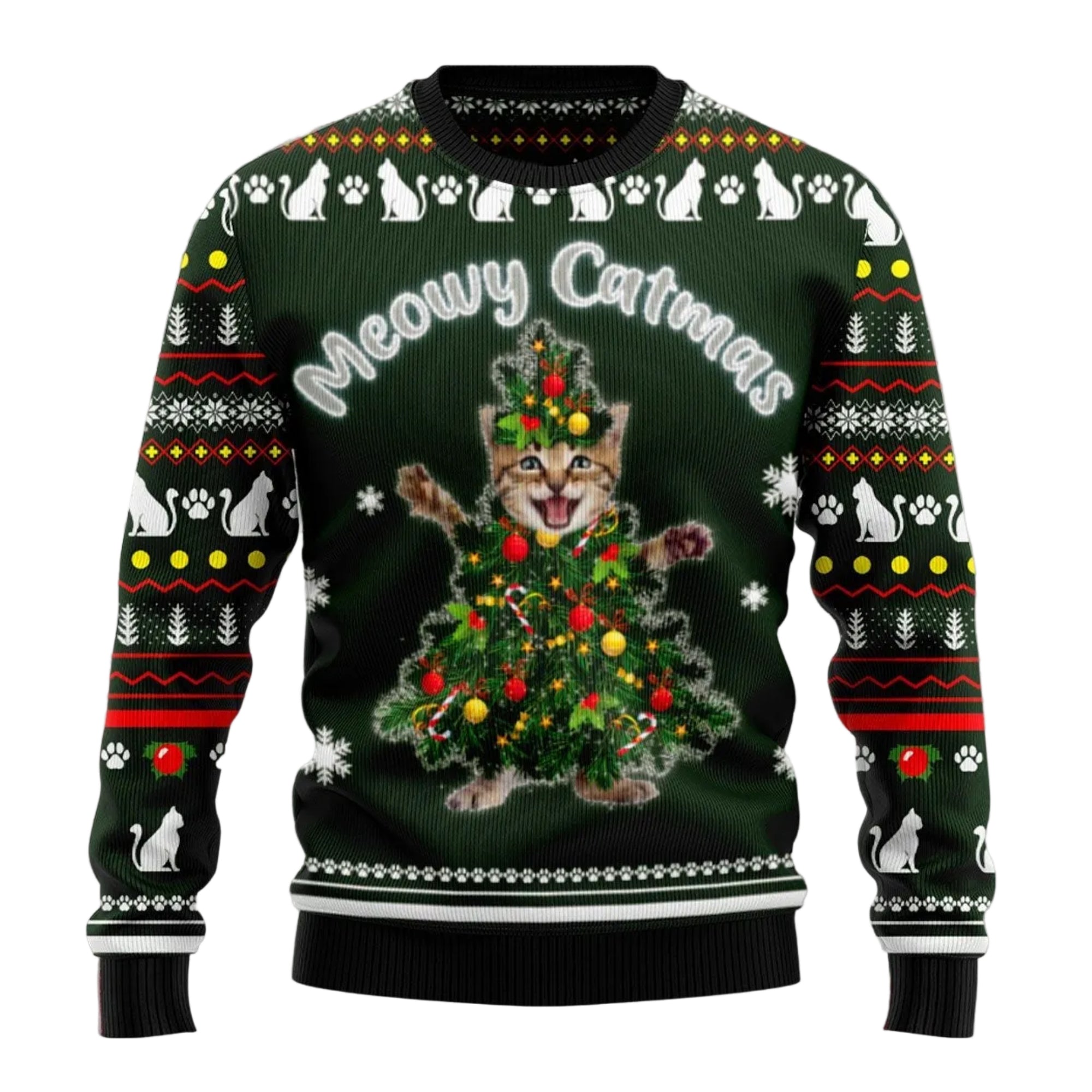 Meowy Catmas Ugly Christmas Sweater, Funny Cat Holiday Pullover for Cat Lovers, Cat Moms and Festive Winter Parties