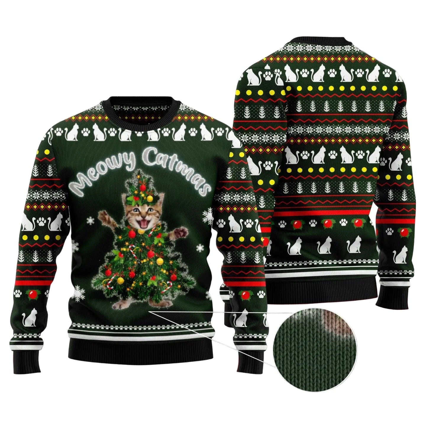 Meowy Catmas Ugly Christmas Sweater, Funny Cat Holiday Pullover for Cat Lovers, Cat Moms and Festive Winter Parties