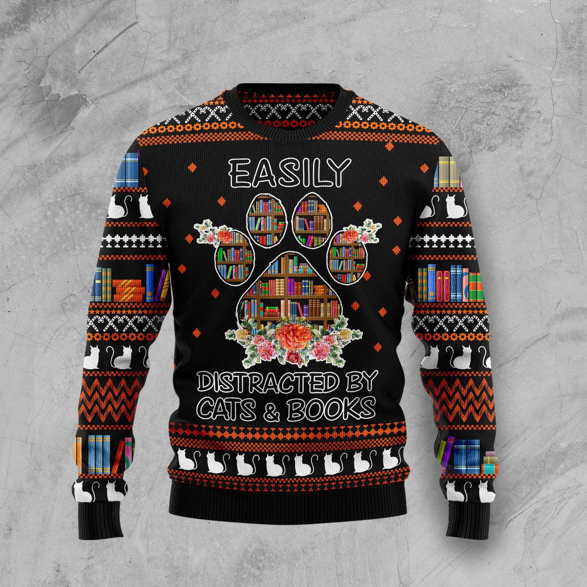 Cat And Books Ugly Christmas Sweater | Fun Holiday Look for Men & Women | Plus Size Party Outfit for Cat Lovers