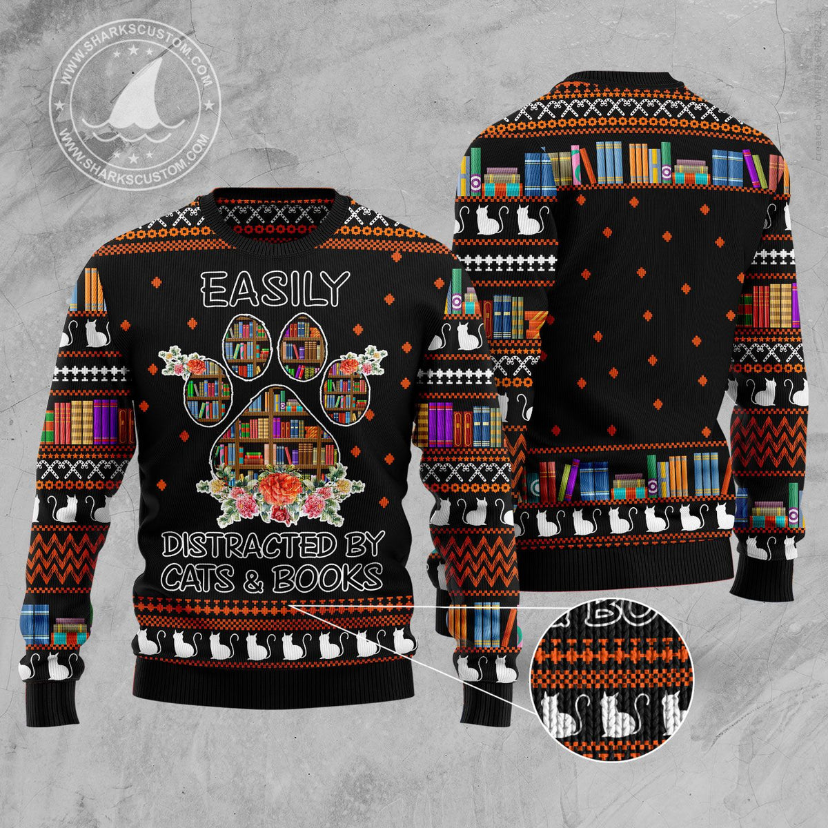 Cat And Books Ugly Christmas Sweater | Fun Holiday Look for Men & Women | Plus Size Party Outfit for Cat Lovers