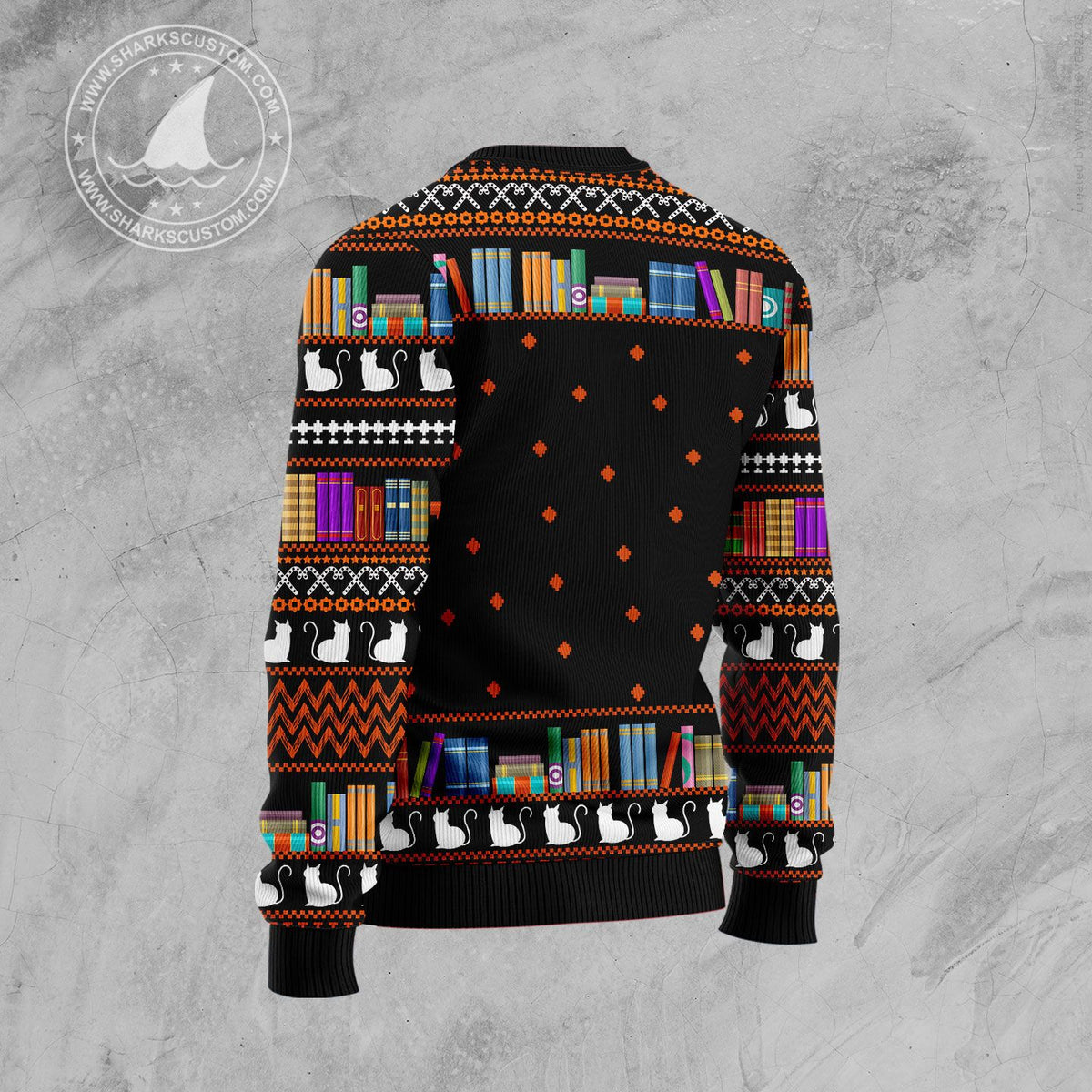 Cat And Books Ugly Christmas Sweater | Fun Holiday Look for Men & Women | Plus Size Party Outfit for Cat Lovers
