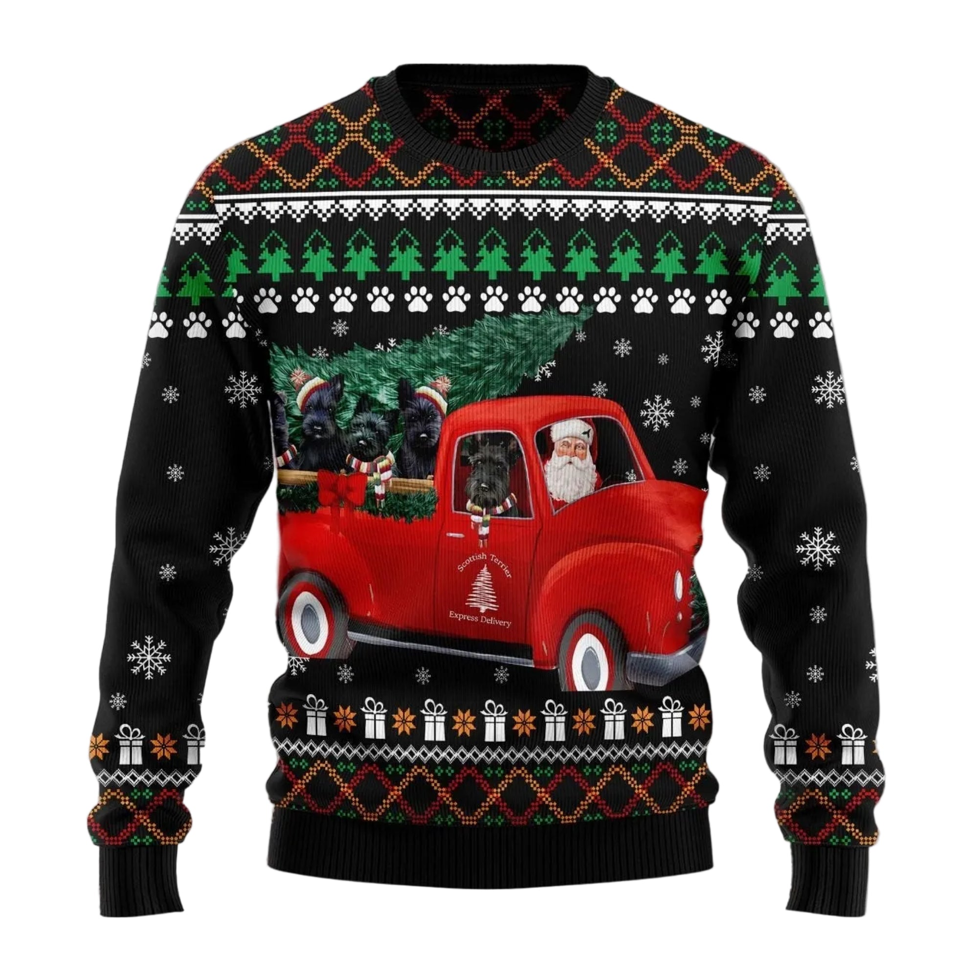 Scottish Terrier Red Truck Ugly Christmas Sweater, Festive Dog Holiday Pullover for Scottie Lovers and Pet Parents