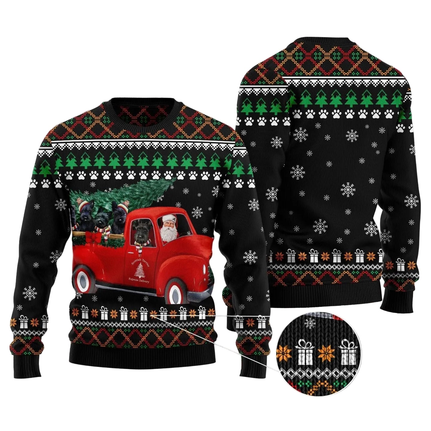 Scottish Terrier Red Truck Ugly Christmas Sweater, Festive Dog Holiday Pullover for Scottie Lovers and Pet Parents