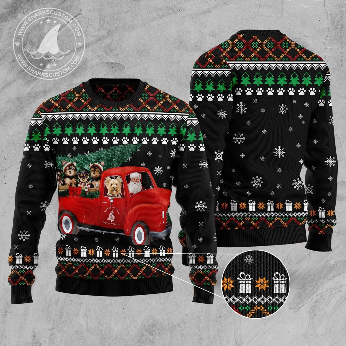 Yorkshire Terrier and Red Truck Ugly Christmas Sweater | Unisex Seasonal Gift Idea | Holiday Group Photo Outfit