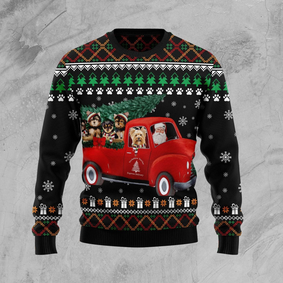 Yorkshire Terrier and Red Truck Ugly Christmas Sweater | Unisex Seasonal Gift Idea | Holiday Group Photo Outfit