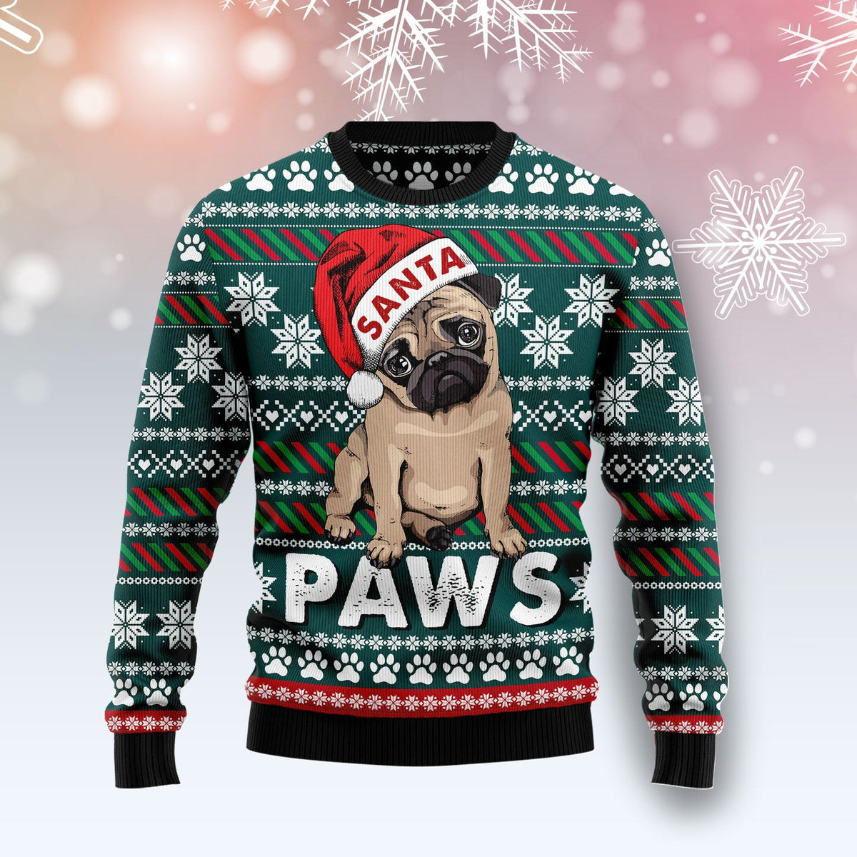 Pug Santa Paws Ugly Christmas Sweater, Cute Christmas Pug Holiday Pullover for Pug Moms and Dog Lovers, Xmas Gifts