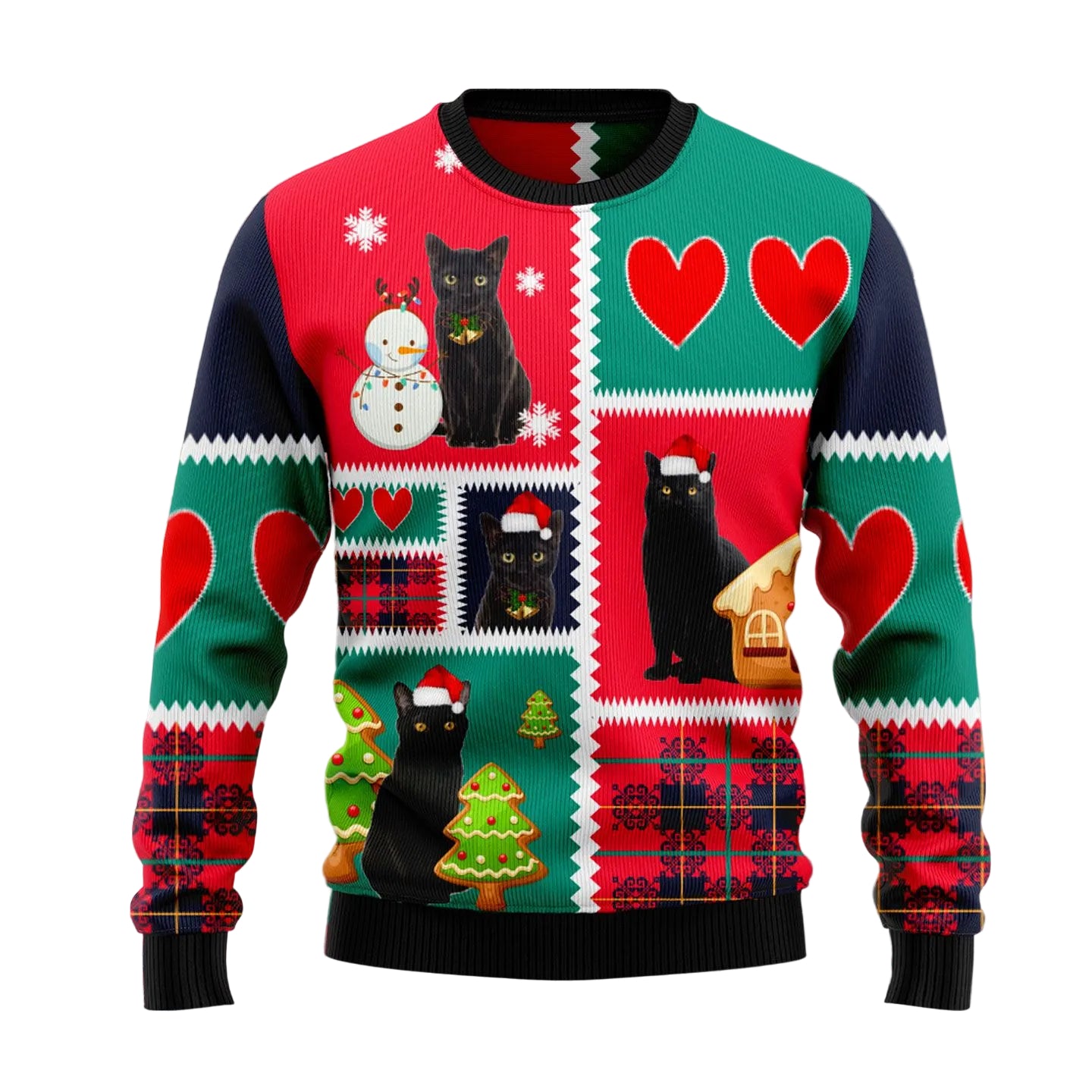 Black Cat Snow Ugly Christmas Sweater, Cute Black Cat Winter Snow Theme Holiday Gift for Black Cat Owners and Kitty Fans