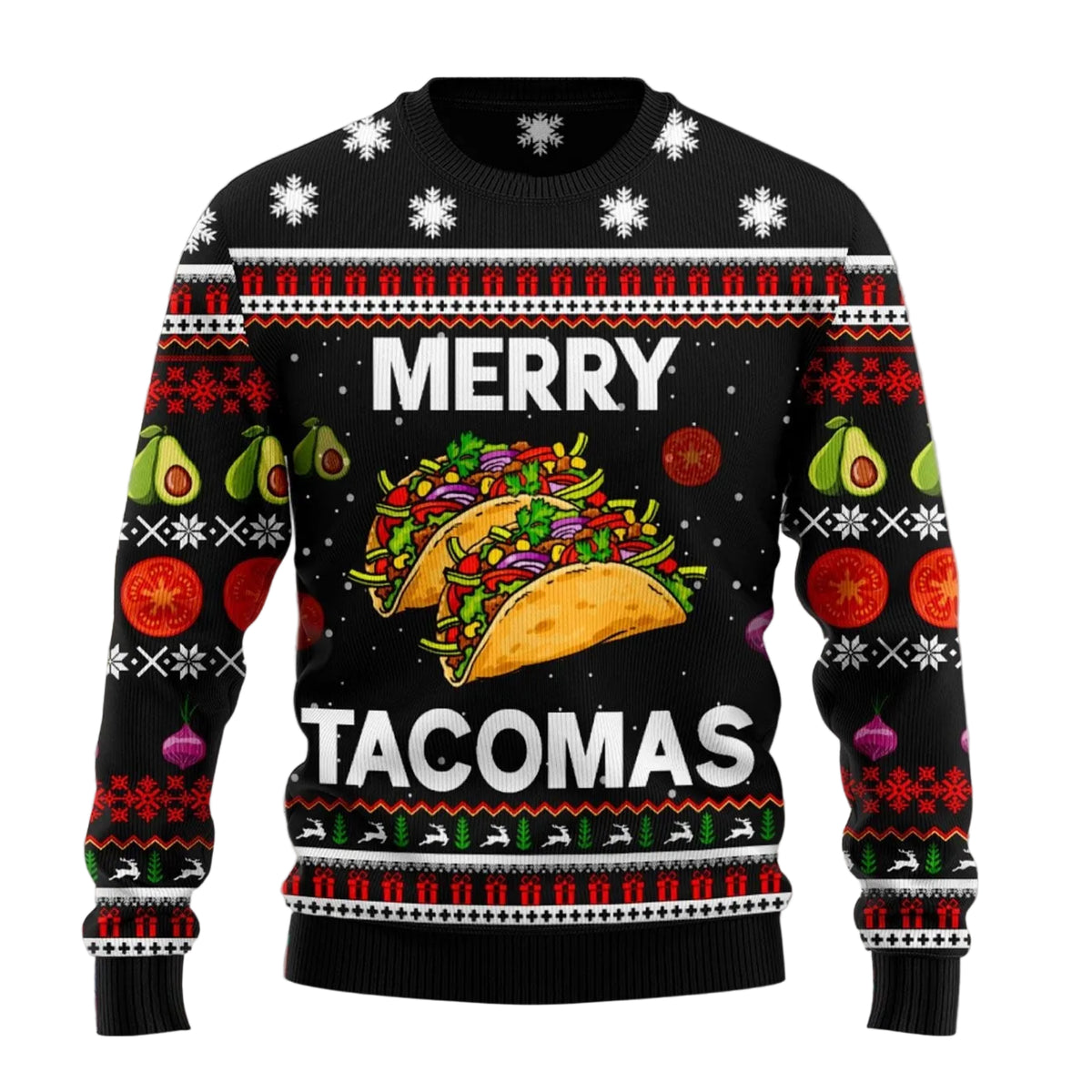 Merry Tacomas Taco Ugly Christmas Sweater, Funny Food Lover Holiday Pullover for Taco Fans, Foodies and Festive Parties