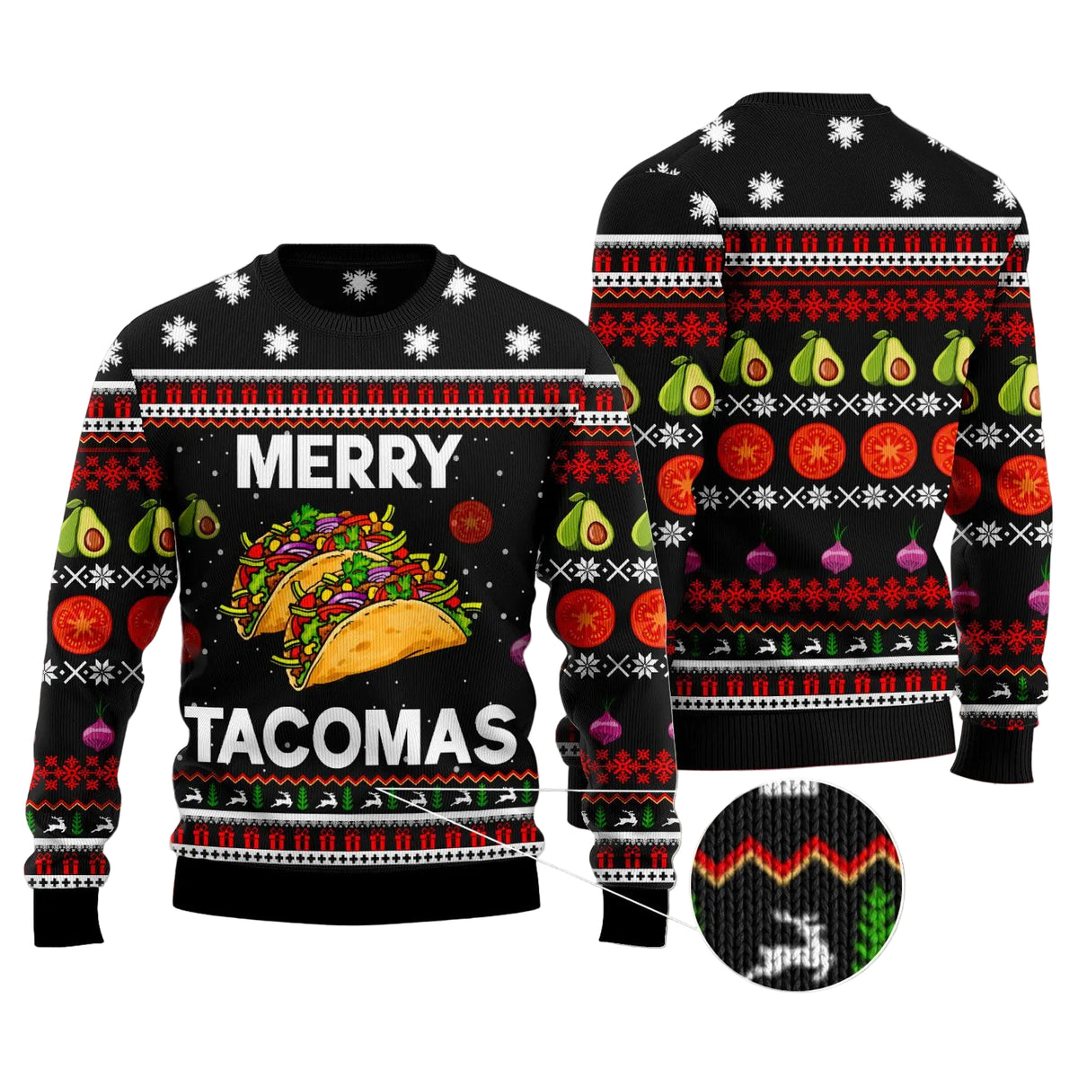 Merry Tacomas Taco Ugly Christmas Sweater, Funny Food Lover Holiday Pullover for Taco Fans, Foodies and Festive Parties