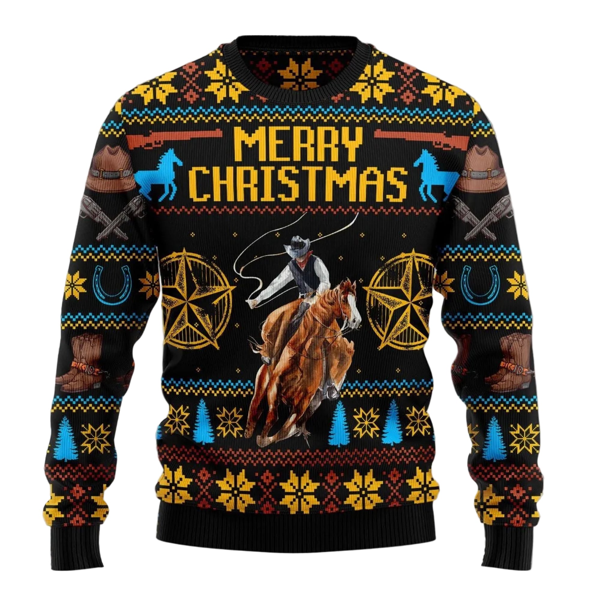 Cowboy Merry Christmas Ugly Christmas Sweater, Western Holiday Pullover, Holiday Gatherings and Family Photos