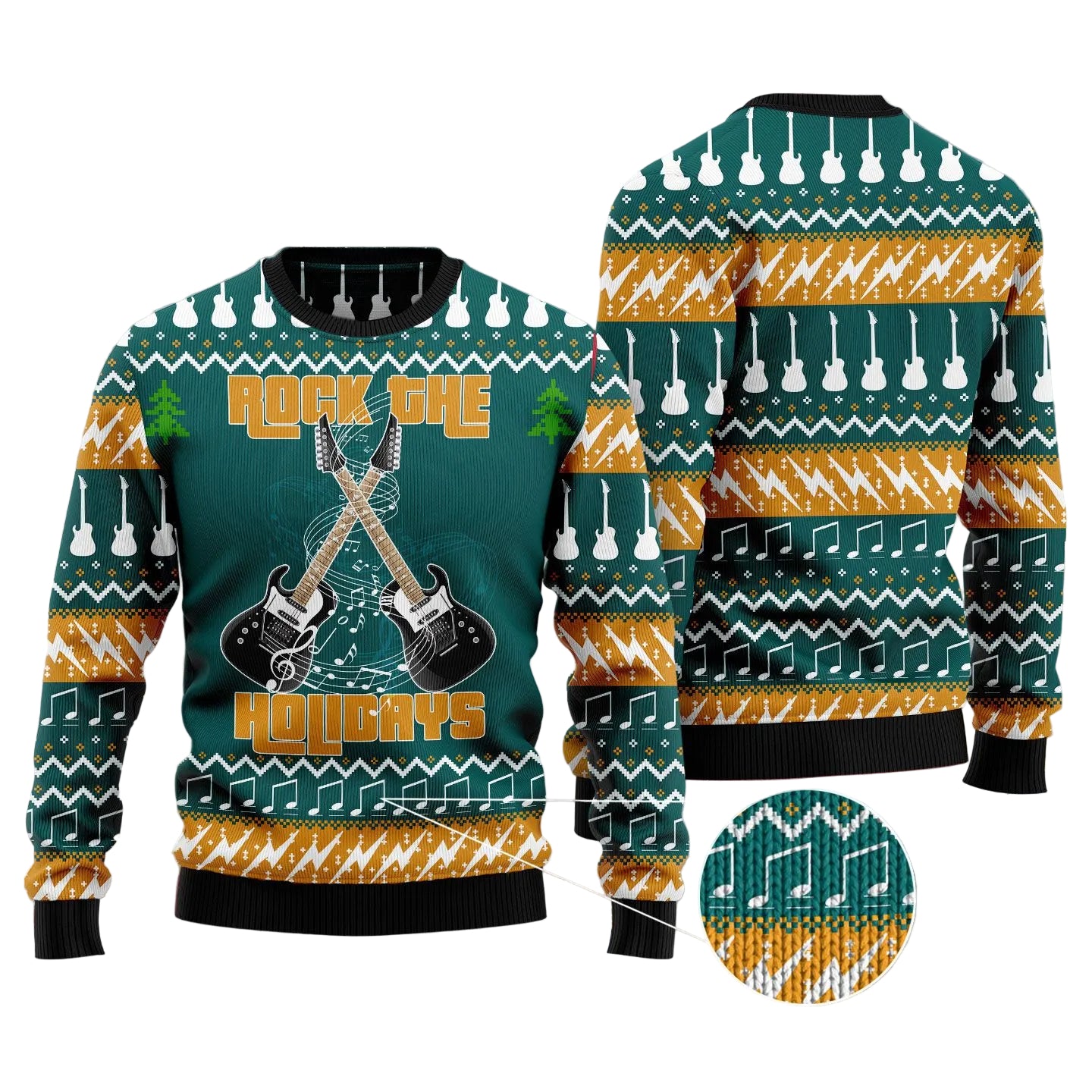 Guitar Rock the Holiday Ugly Christmas Sweater, Music Lover Pullover for Guitarists, Musicians and Festive Band Parties