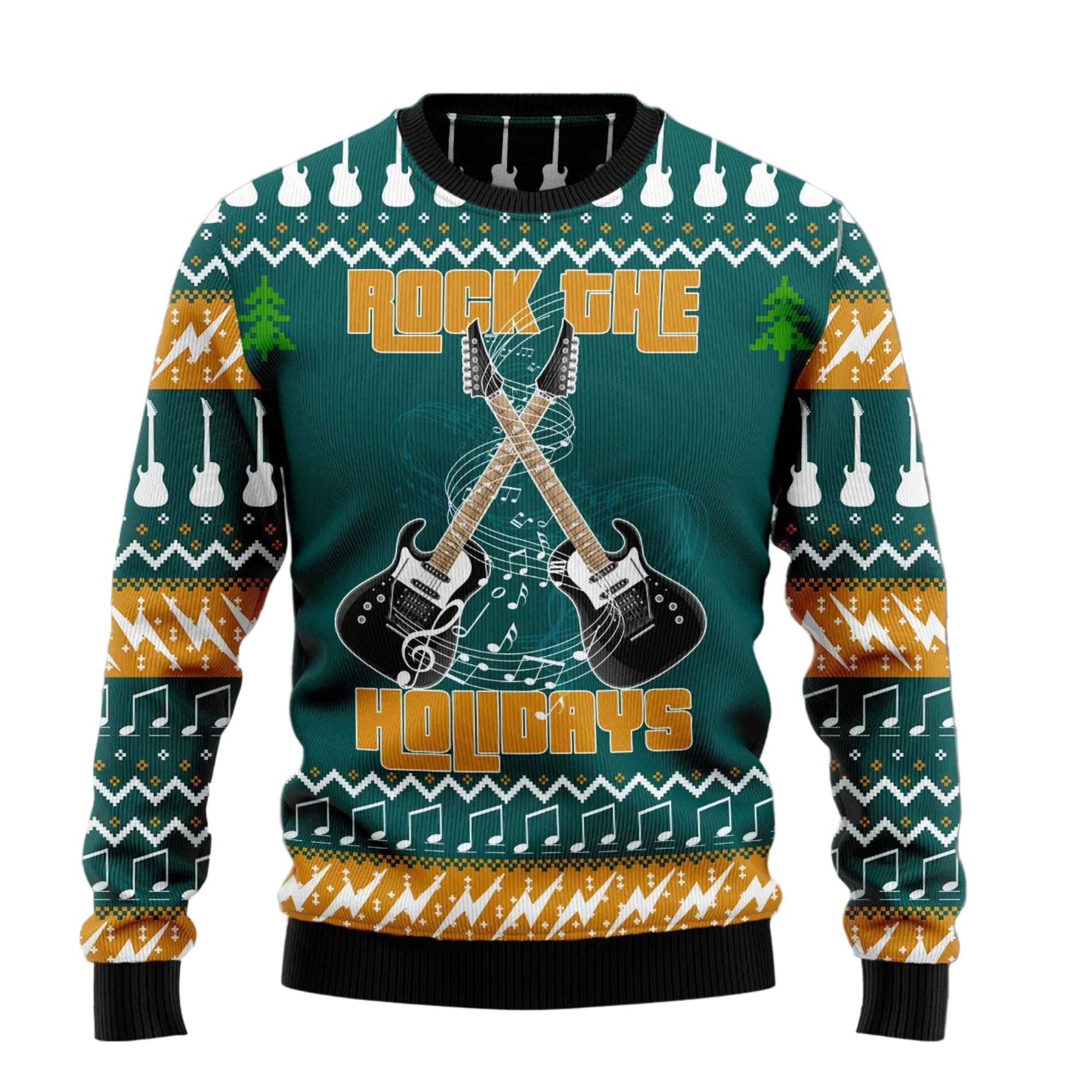 Guitar Rock the Holiday Ugly Christmas Sweater, Music Lover Pullover for Guitarists, Musicians and Festive Band Parties