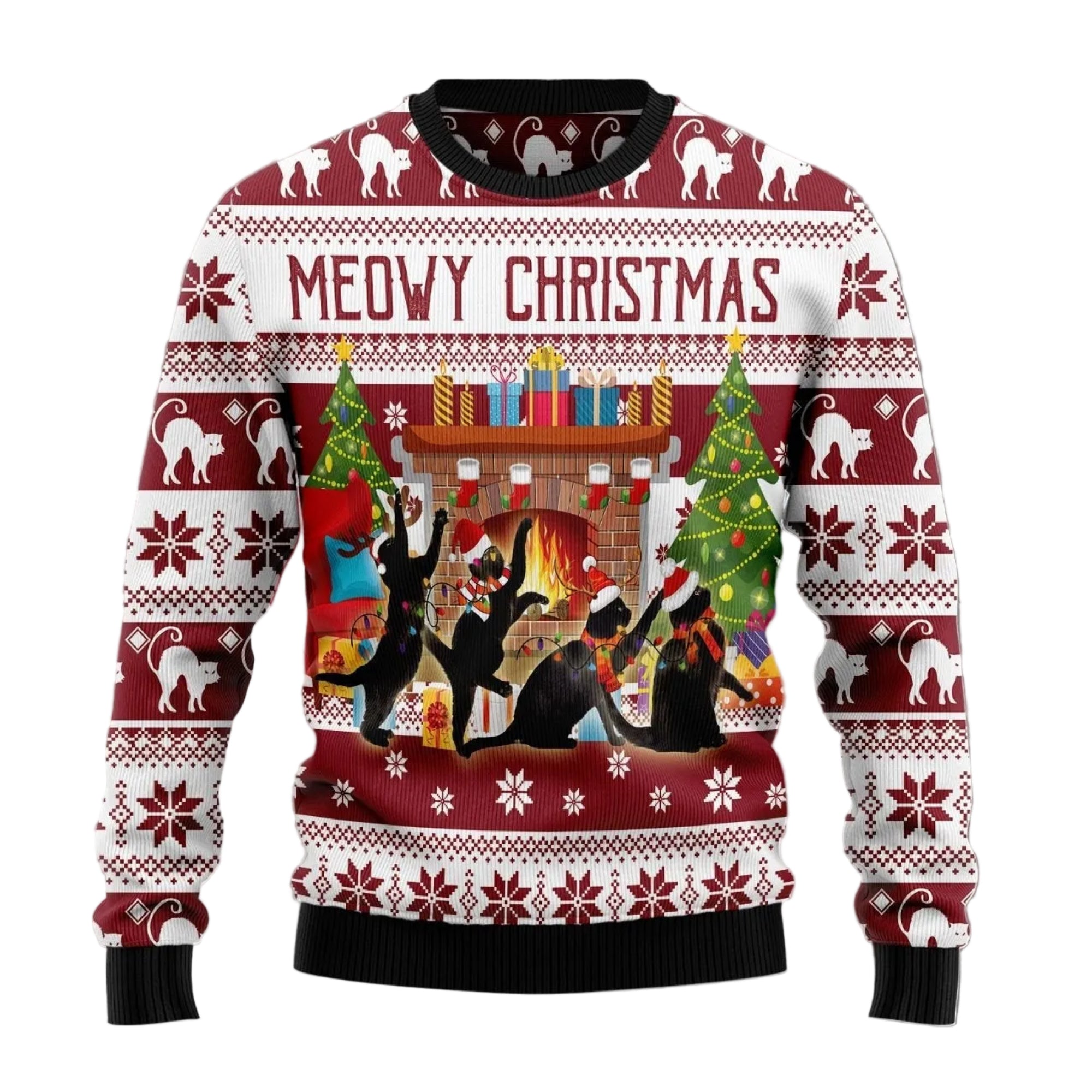 Dancing Black Cat Ugly Christmas Sweater, Funny Cat Holiday Pullover for Cat Lovers, Cat Moms and Winter Parties