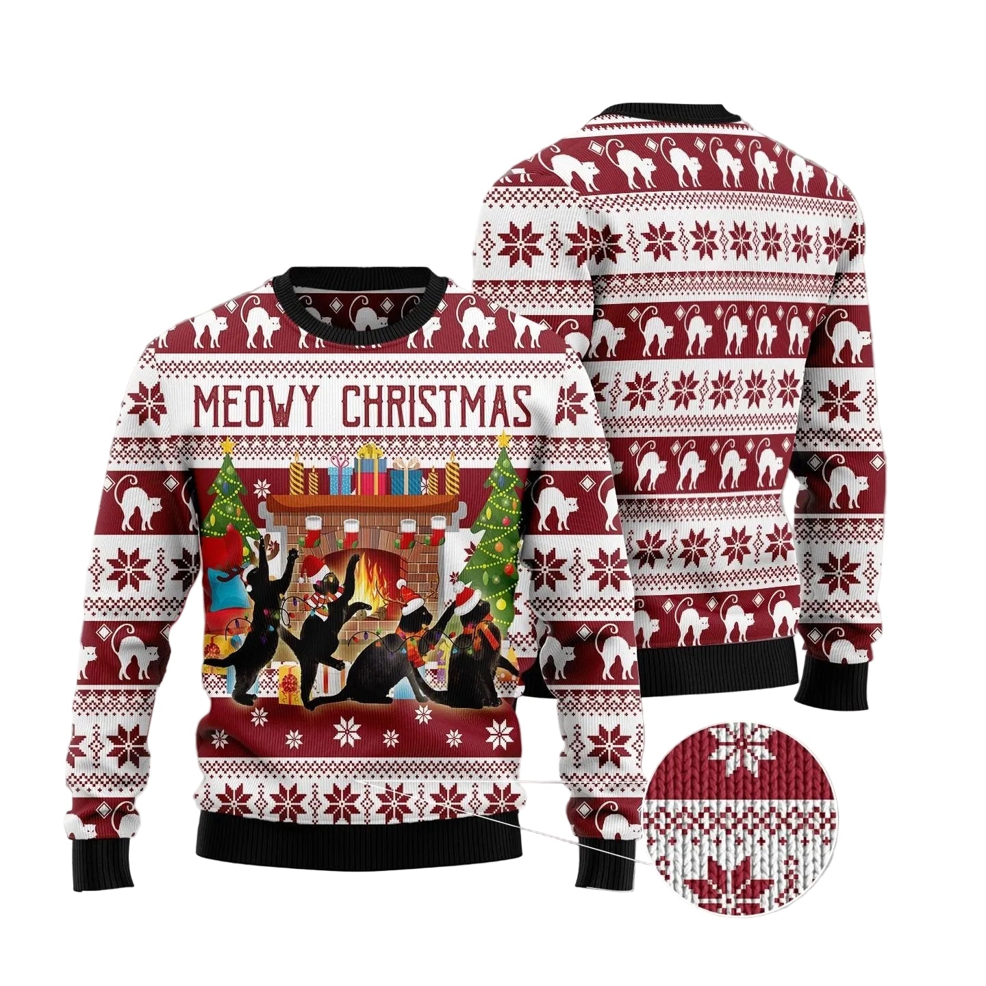 Dancing Black Cat Ugly Christmas Sweater, Funny Cat Holiday Pullover for Cat Lovers, Cat Moms and Winter Parties