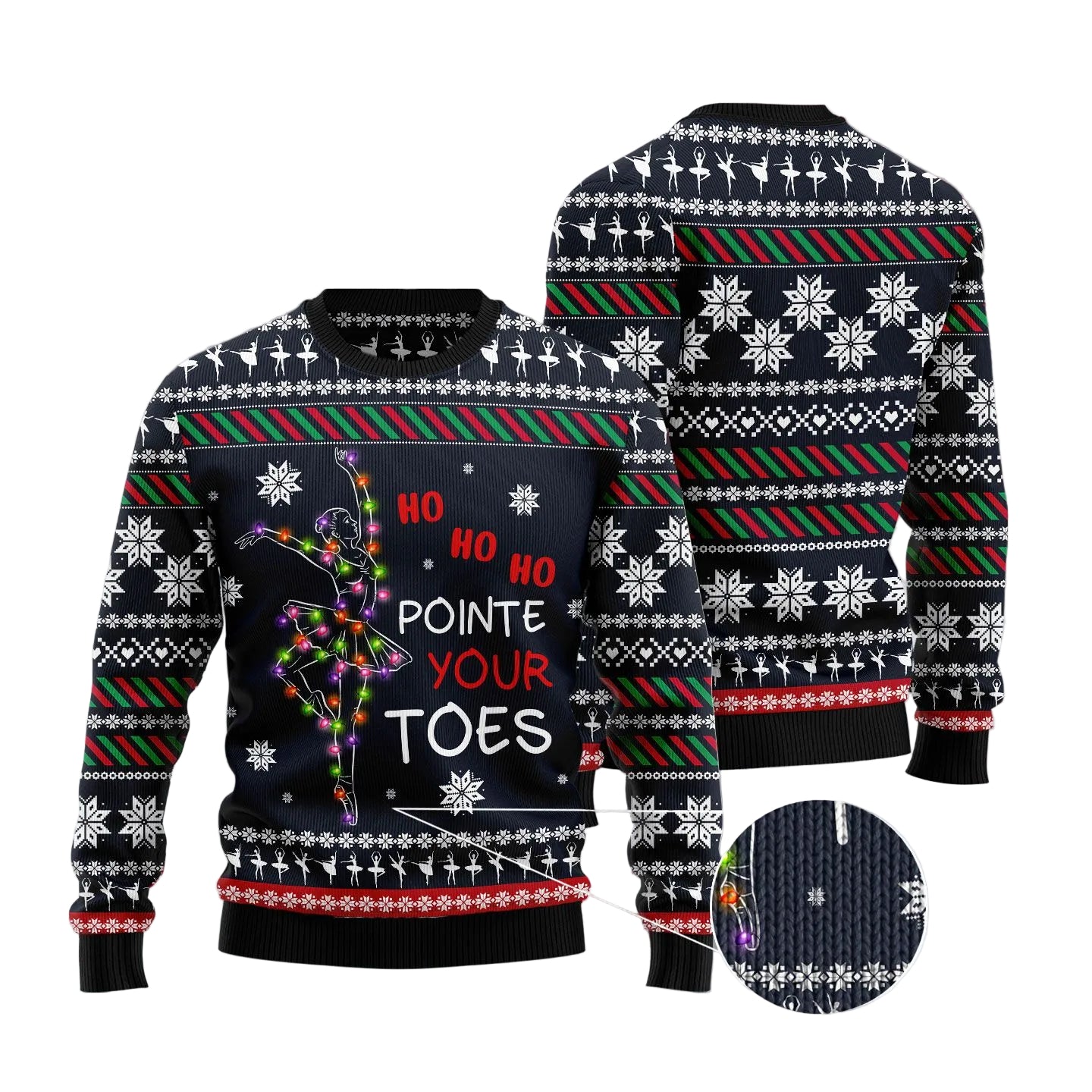 A Christmas-themed sweater shown from the front and back on a soft pink-to-white gradient background with snowflake decorations. The sweater has a black base with white snowflakes, red and green striped bands, and multicolor holiday lights forming a ballerina silhouette.