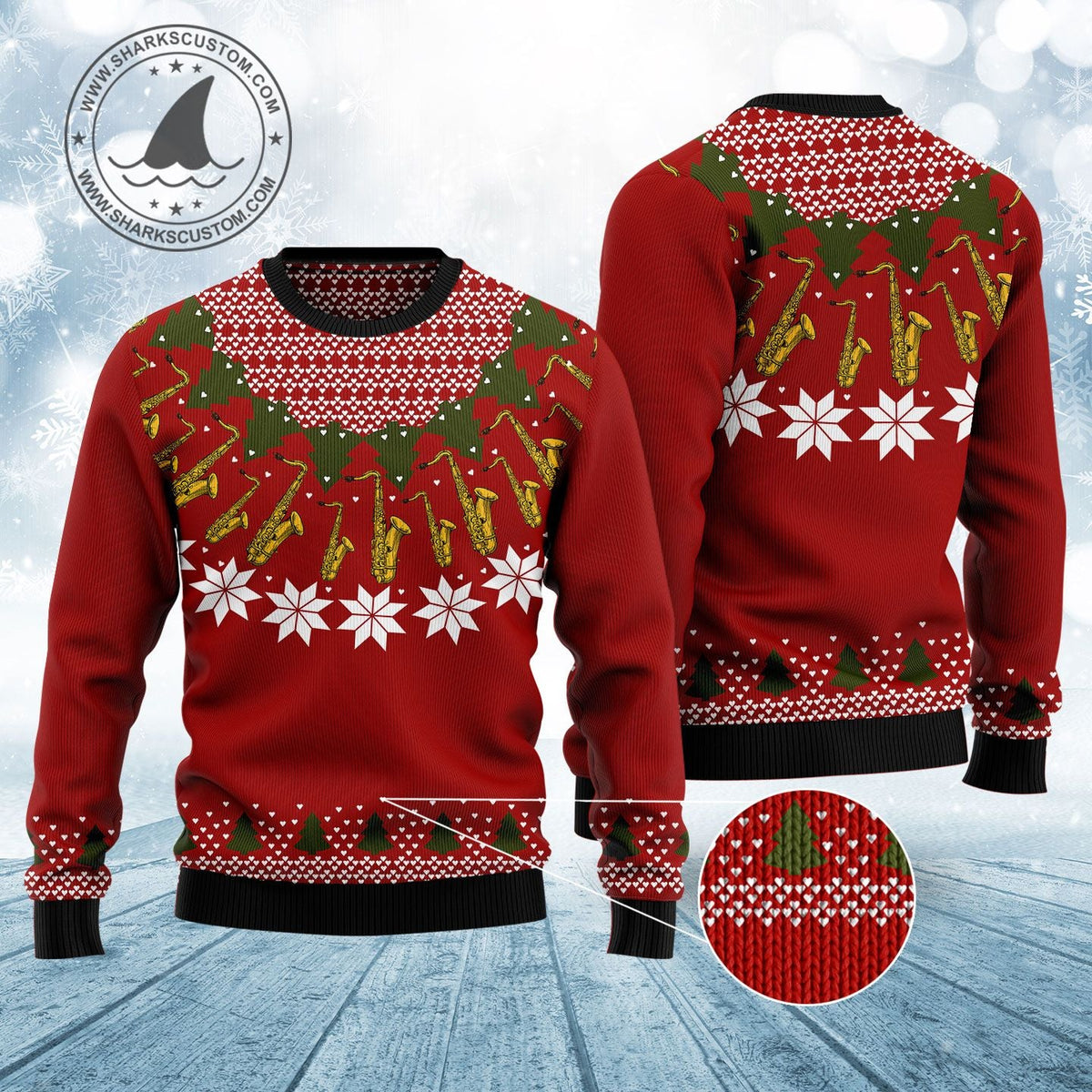 Saxophone Lover Ugly Christmas Sweater, Jazz Saxophone Music Holiday Pullover for Sax Players and Jazz Musicians