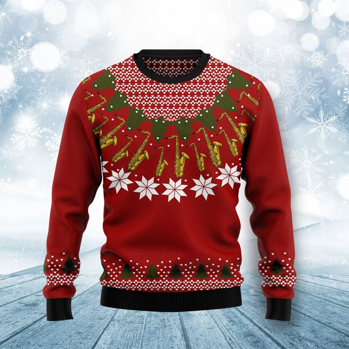Saxophone Lover Ugly Christmas Sweater, Jazz Saxophone Music Holiday Pullover for Sax Players and Jazz Musicians